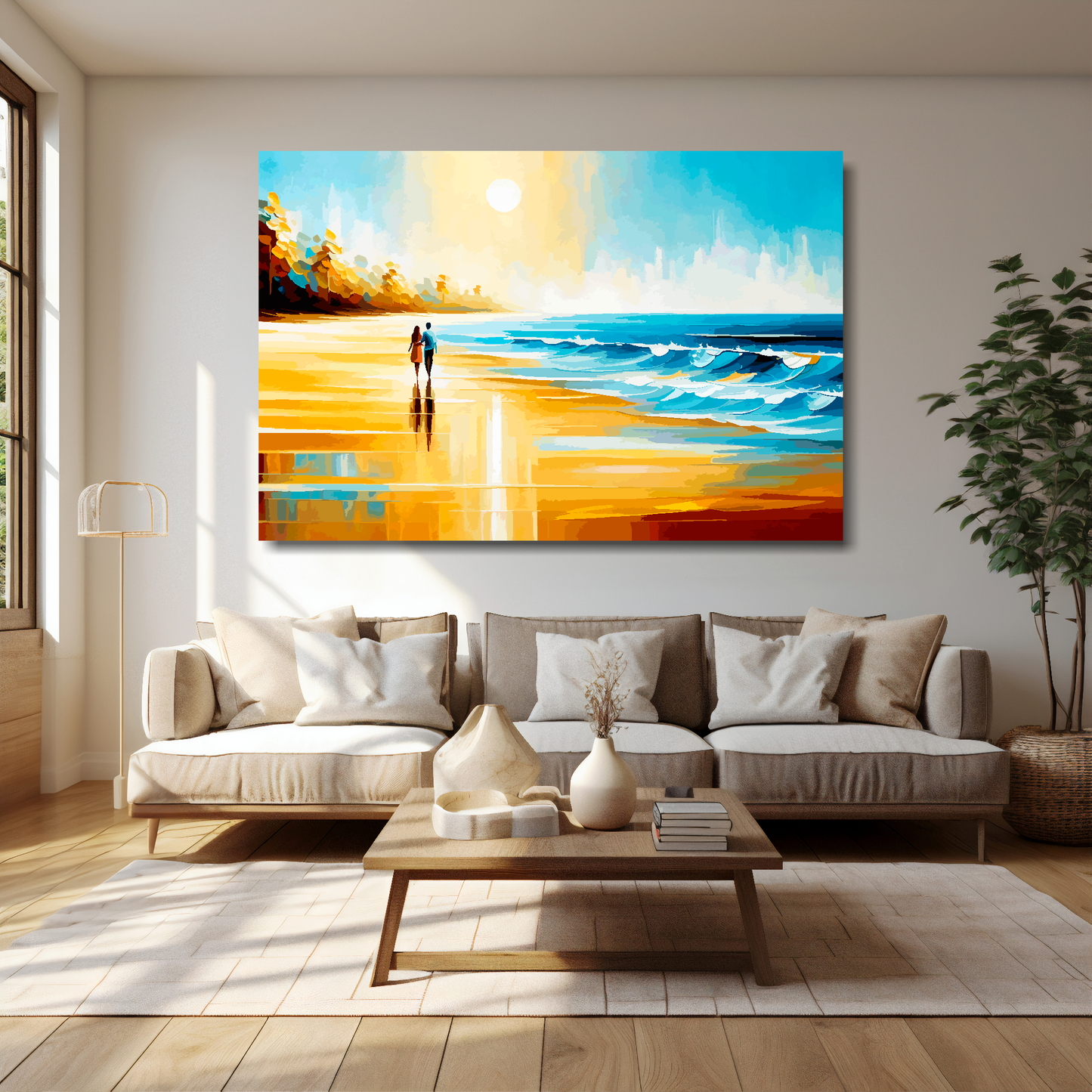 60 inch by 40 inch abstract canvas print of a deserted beach landscape. Mounted on a cream wall above a cream sofa with decorative pillows.