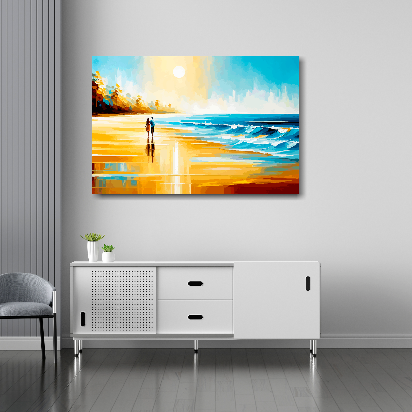 36 inch by 24 inch abstract canvas print of a deserted beach landscape. Mounted on a white wall above a white sideboard.