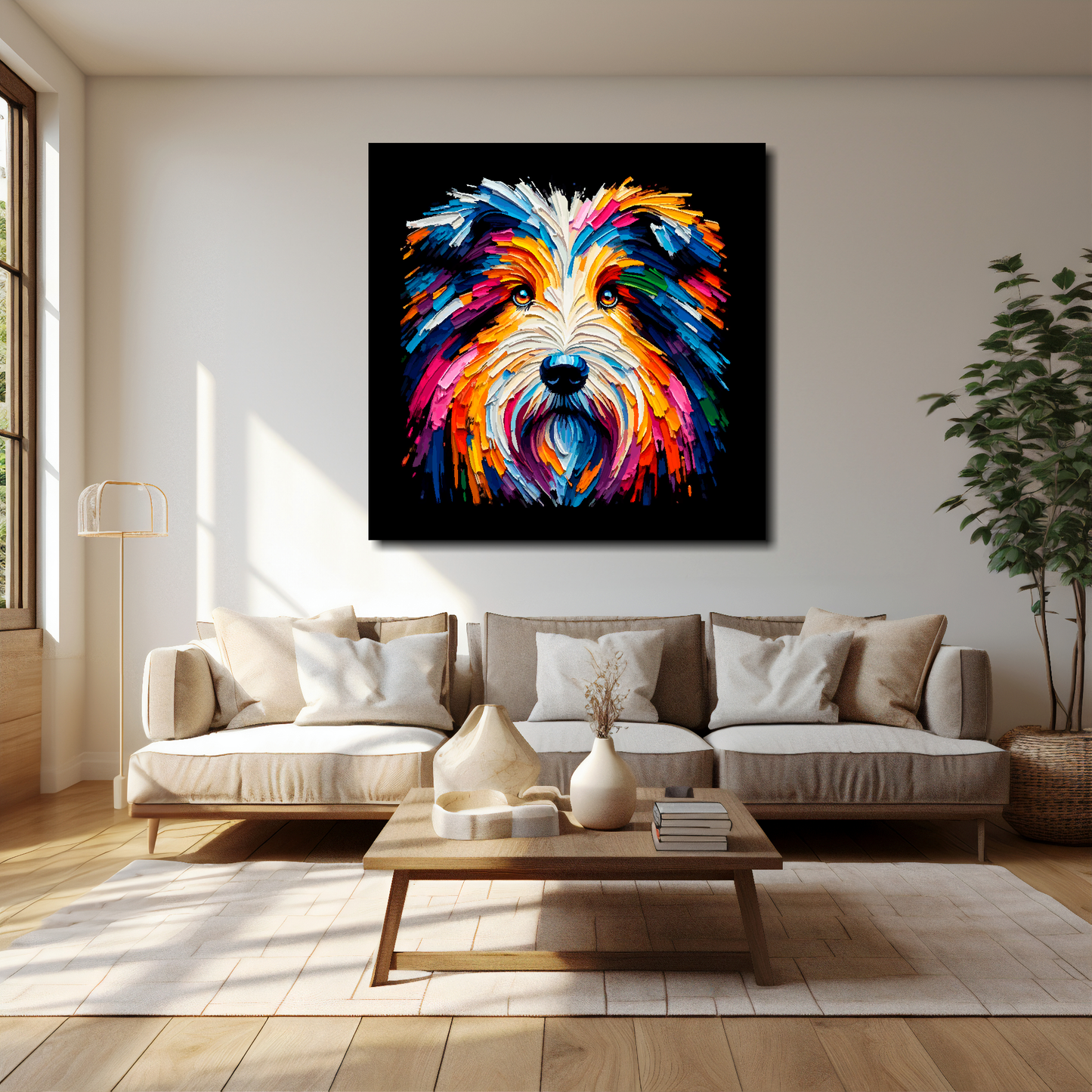 40 inch by 40 inch square canvas of a colourful Bearded Collie head portrait on a black background. Mounted on a white wall above a cream sofa with decorative pillows.