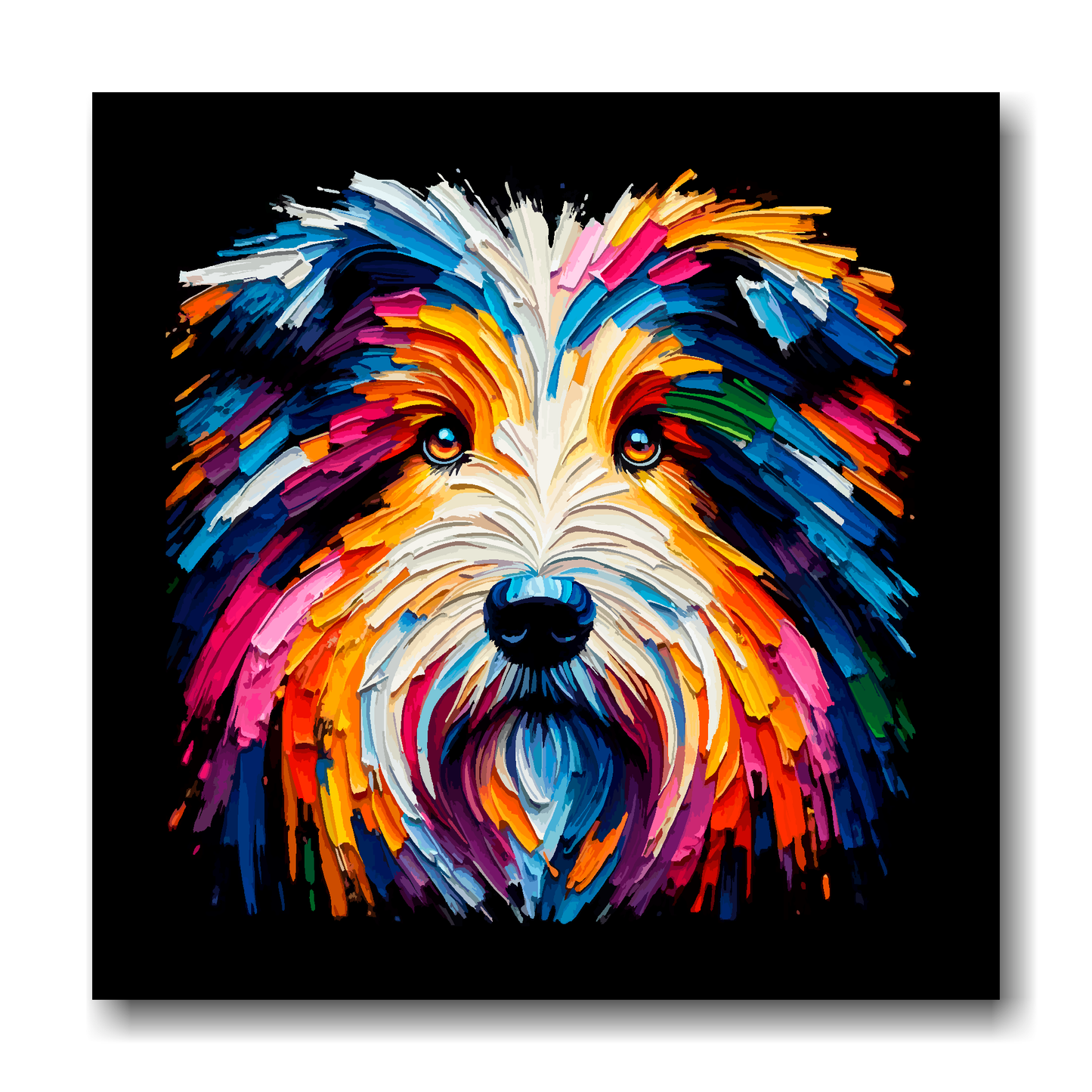 Large canvas wall art - A vibrant multi-coloured head portrait of a Bearded Collie. Available in 3 large sizes.