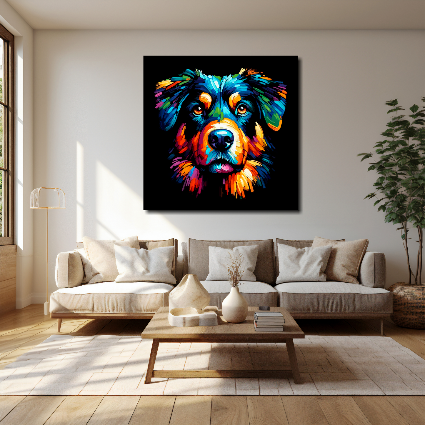 40 inch by 40 inch square canvas of a colourful Beauceron head portrait on a black background. Mounted on a white wall above a cream sofa with decorative pillows.
