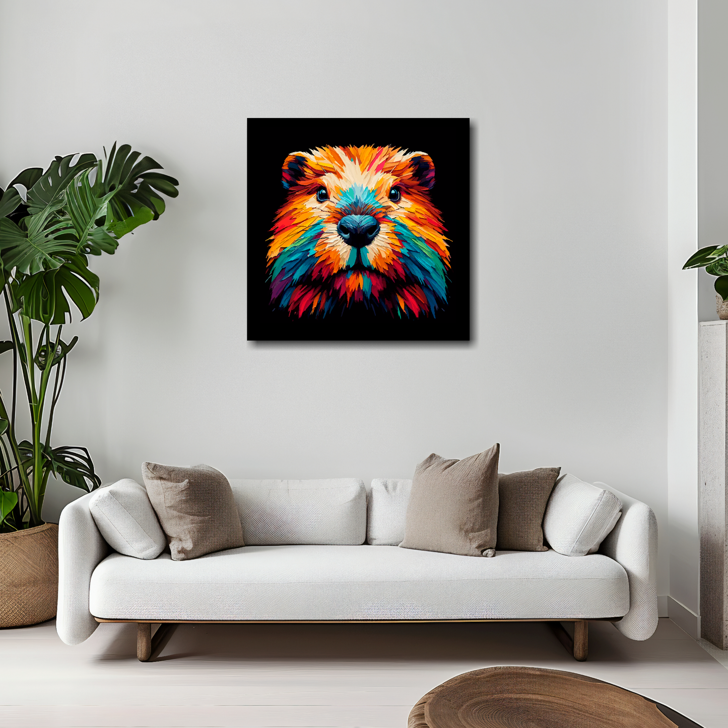 20 inch by 20 inch square canvas of a colourful Beaver portrait on a black background. Mounted on a white wall above a white sofa with decorative pillows.