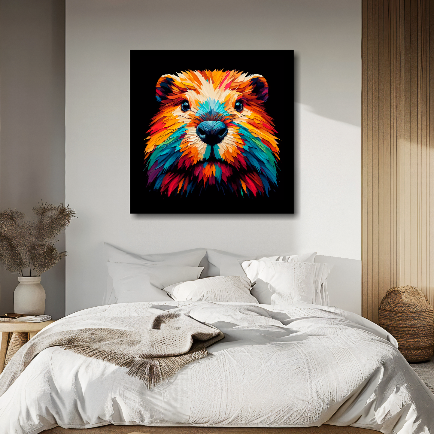 Large canvas wall art - A vibrant multi-coloured head portrait of a Beaver. Available in 3 large sizes.