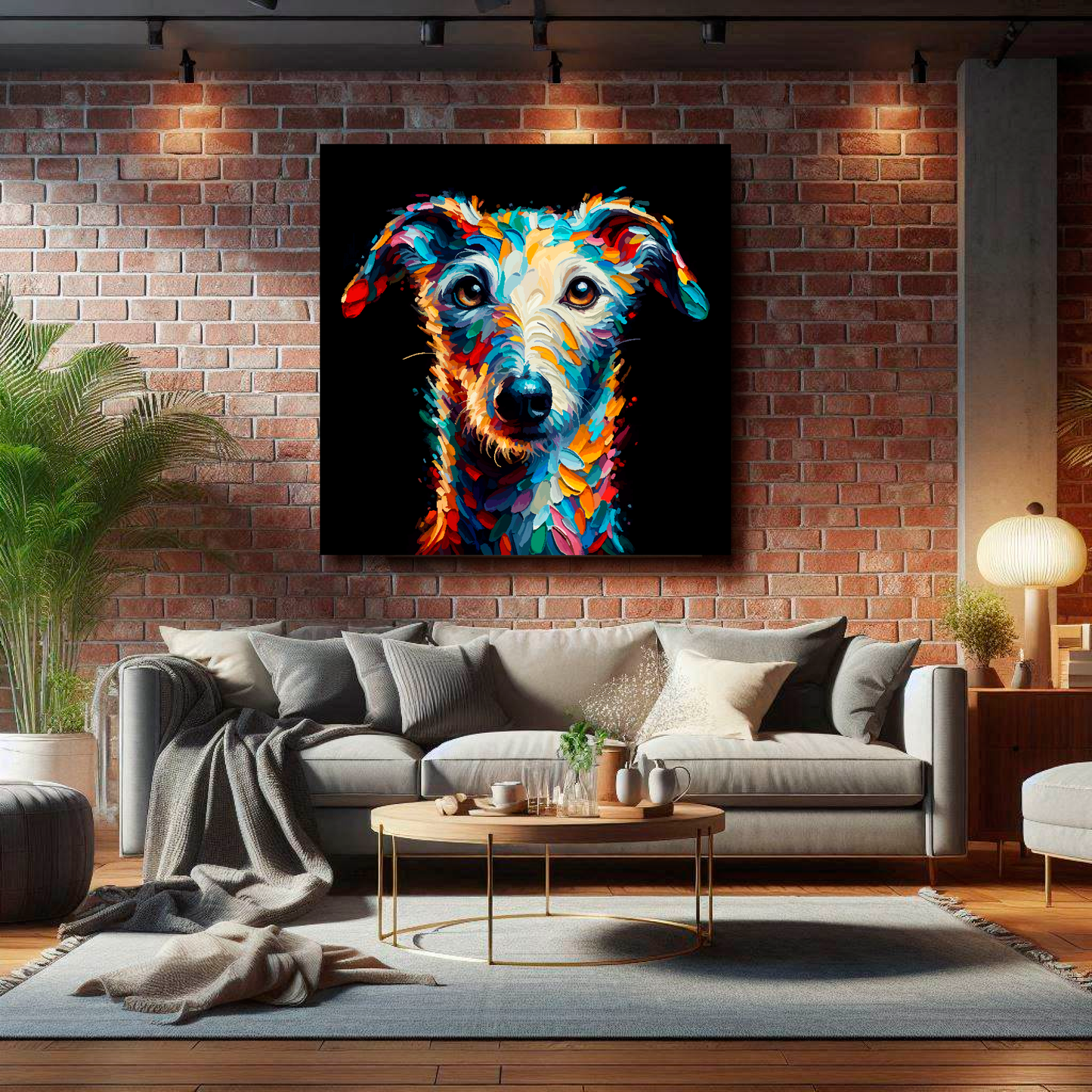 Large canvas featuring a multi-coloured Bedlington Whippet dog portrait. Mounted on a brick wall above a grey sofa with decorative pillows.
