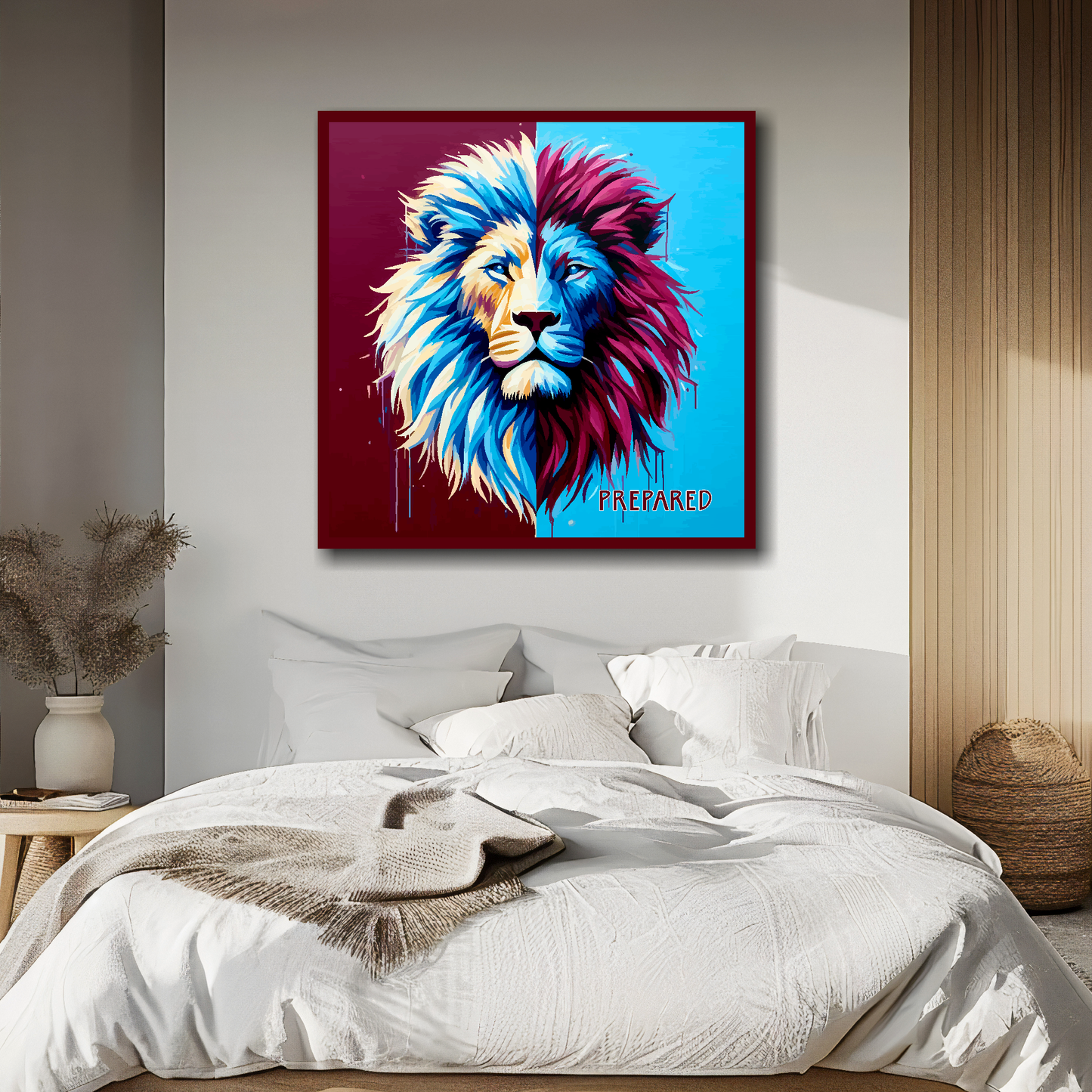 Aston Villa inspired canvas print. A colourful lion head artwork with 'PREPARED' text in the bottom right corner. On a split claret and blue background. Hanging on a cream wall above a bed.