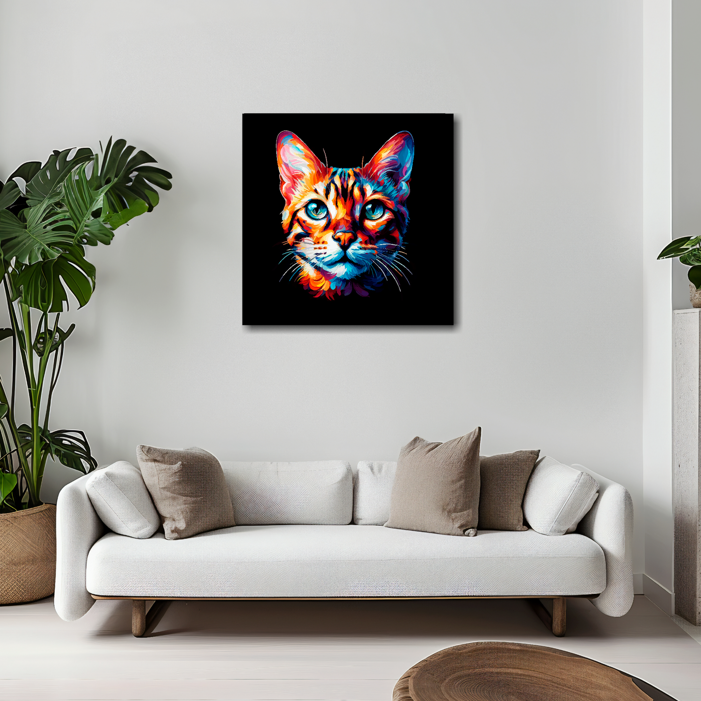 20 inch by 20 inch square canvas of a colourful Bengal cat head portrait on a black background. Mounted on a white wall above a white sofa with decorative pillows.
