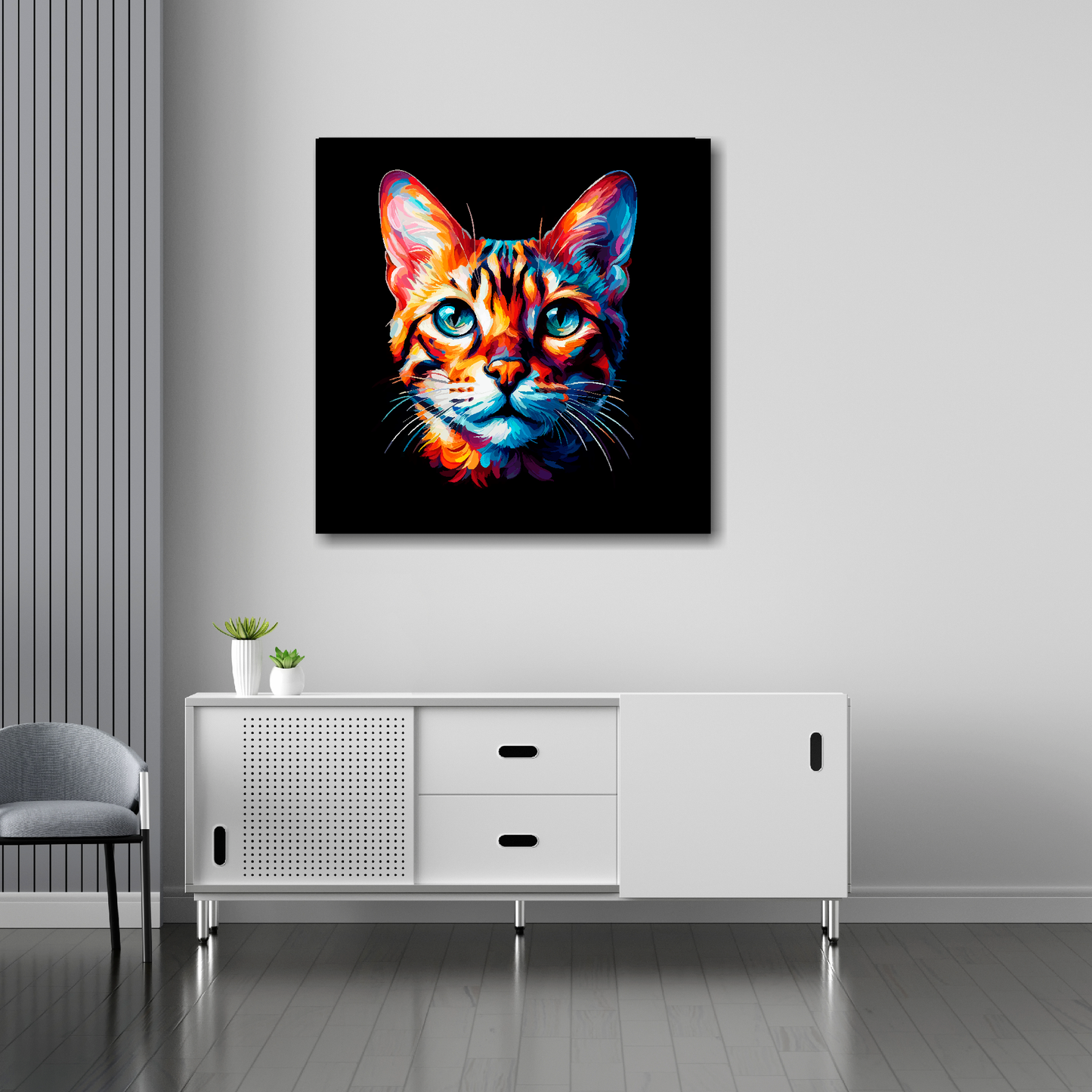 30 inch by 30 inch square canvas of a colourful Bengal cat head portrait on a black background. Mounted on a white wall above a white sideboard.