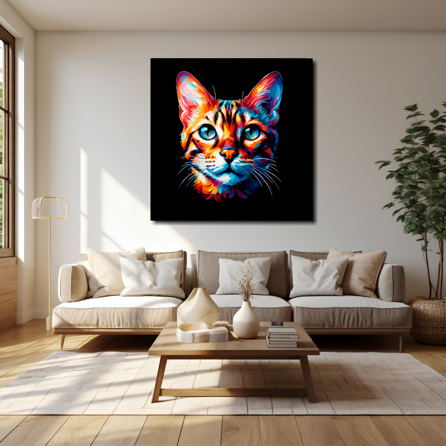40 inch by 40 inch square canvas of a colourful Bengal cat head portrait on a black background. Mounted on a white wall above a cream sofa with decorative pillows.