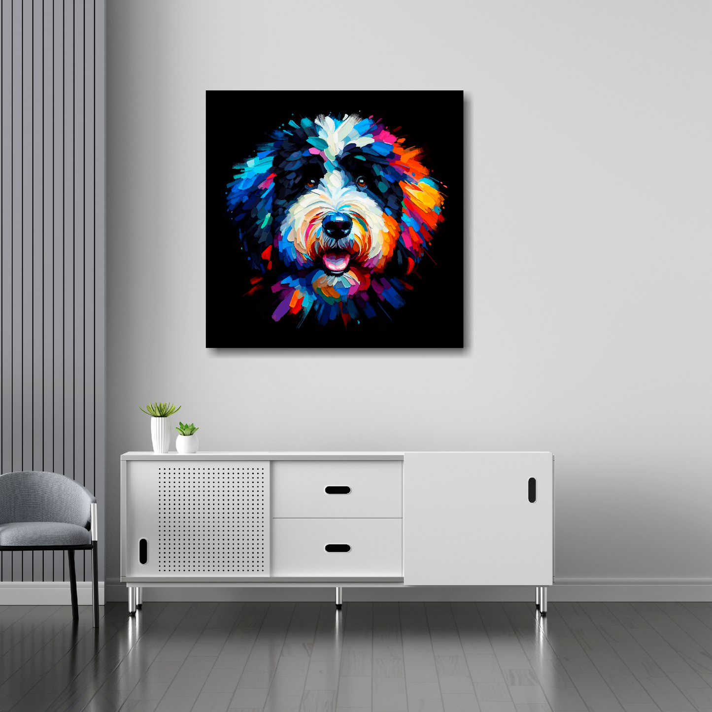 30 inch by 30 inch square canvas featuring a multi-coloured Bernedoodle dog portrait. Mounted on a white wall above a white sideboard.