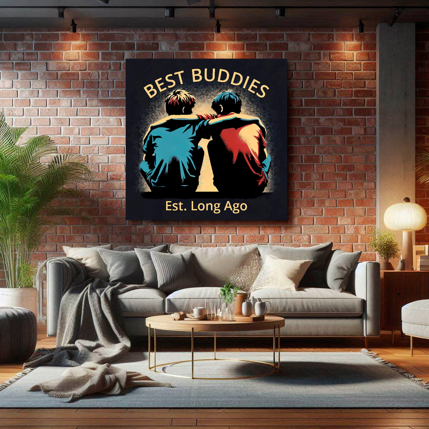 Large canvas wall art - A retro friendship painting of two young boys. Available in 3 large sizes.