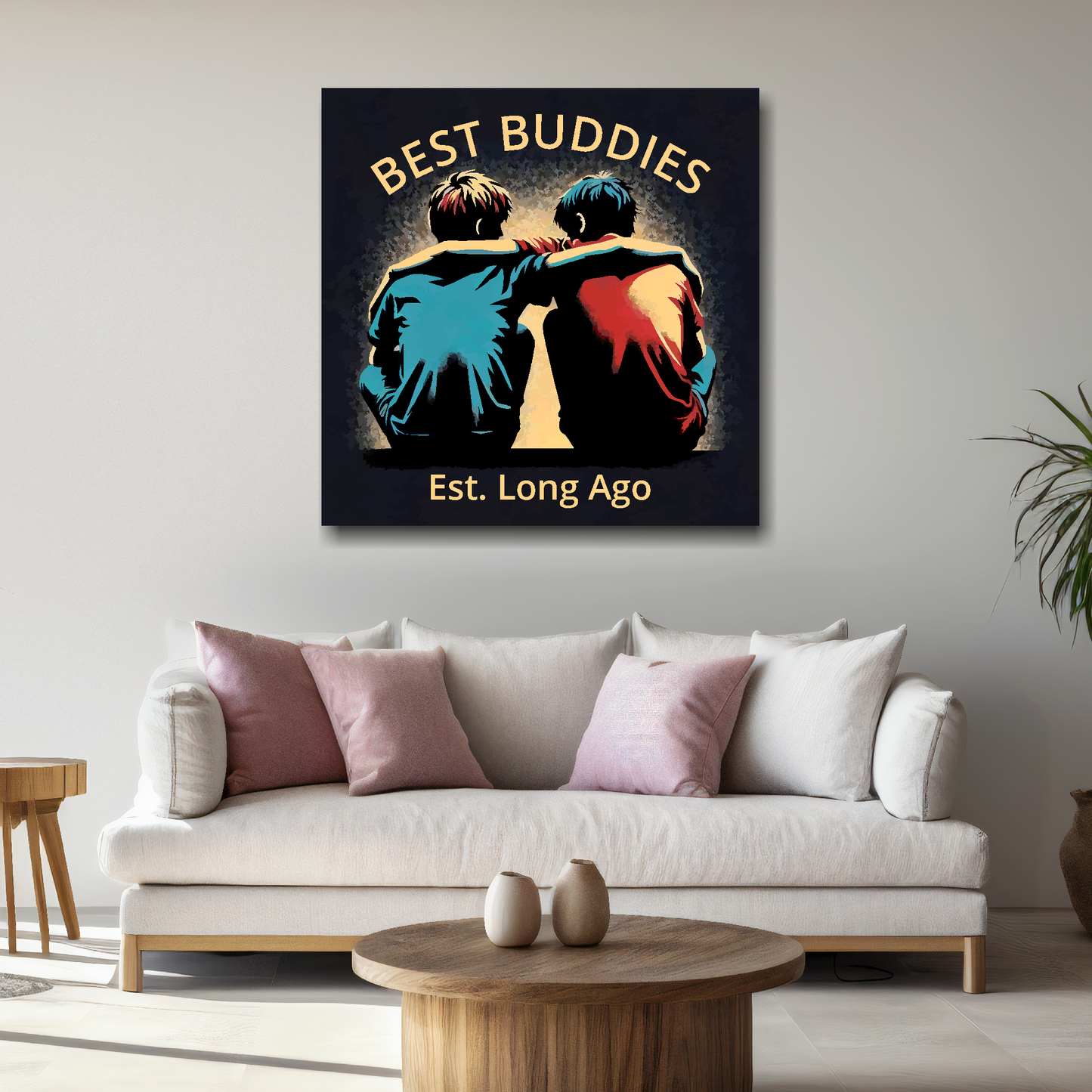 Large canvas wall art - A retro friendship painting of two young boys. Available in 3 large sizes.