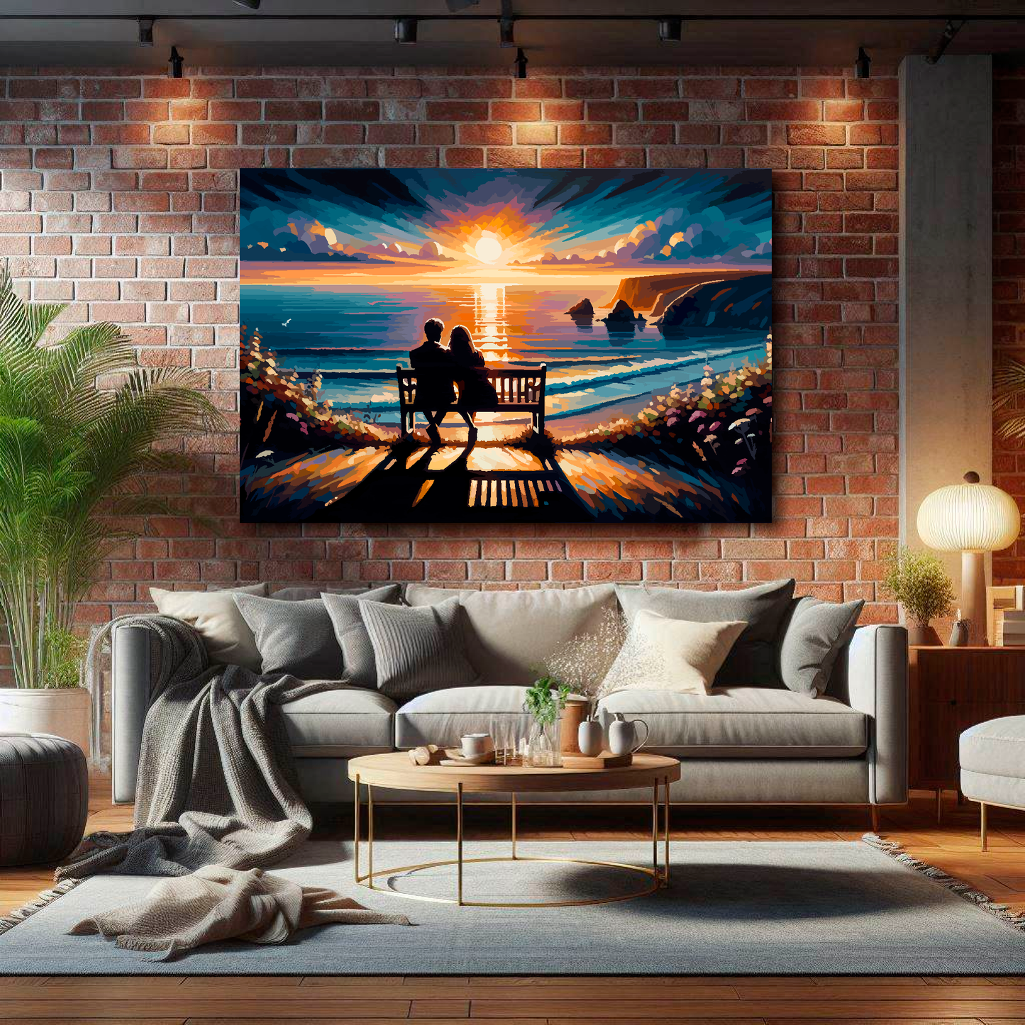 Living room with a large painting of a couple on a beach at sunset, placed above a gray sofa.