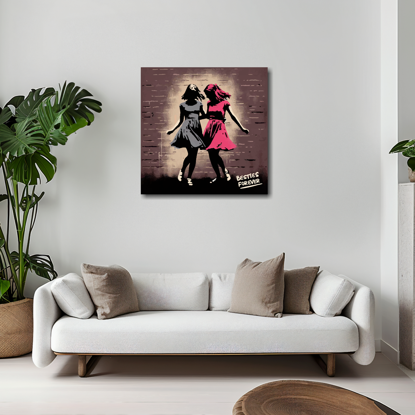 20 inch by 20 inch square canvas featuring a retro painting of two girl best friends dancing. Mounted on a white wall above a white sofa with decorative pillows.