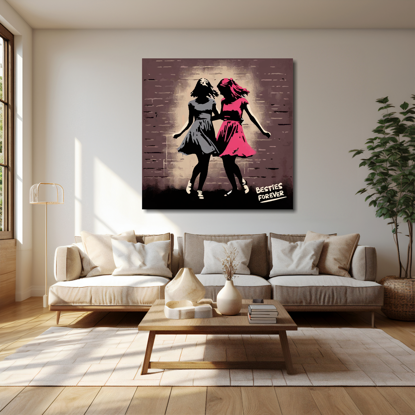 40 inch by 40 inch square canvas featuring a retro painting of two girl best friends dancing. Mounted on a cream wall above a cream sofa with decorative pillows.