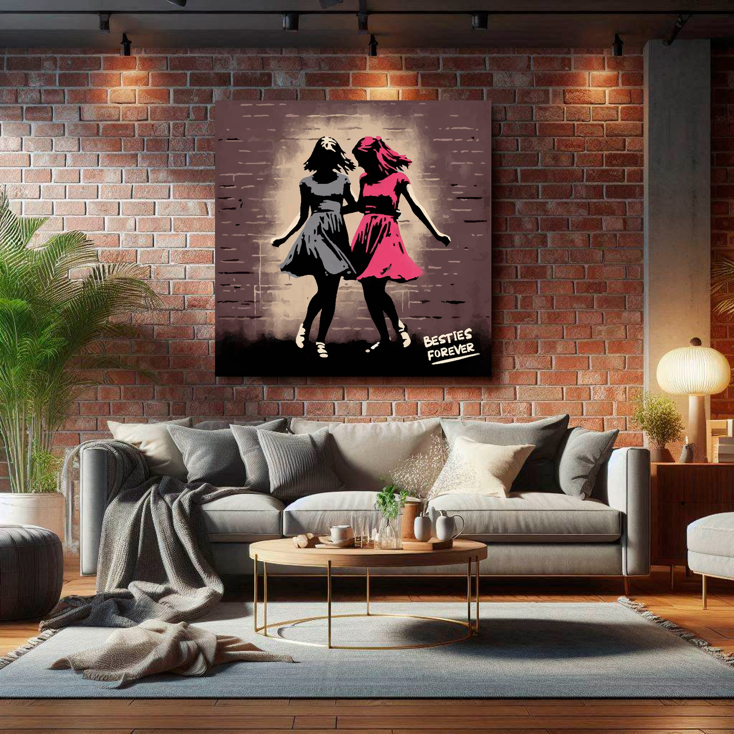 Large canvas wall art - A retro friendship painting of two girls dancing. Available in 3 large sizes.