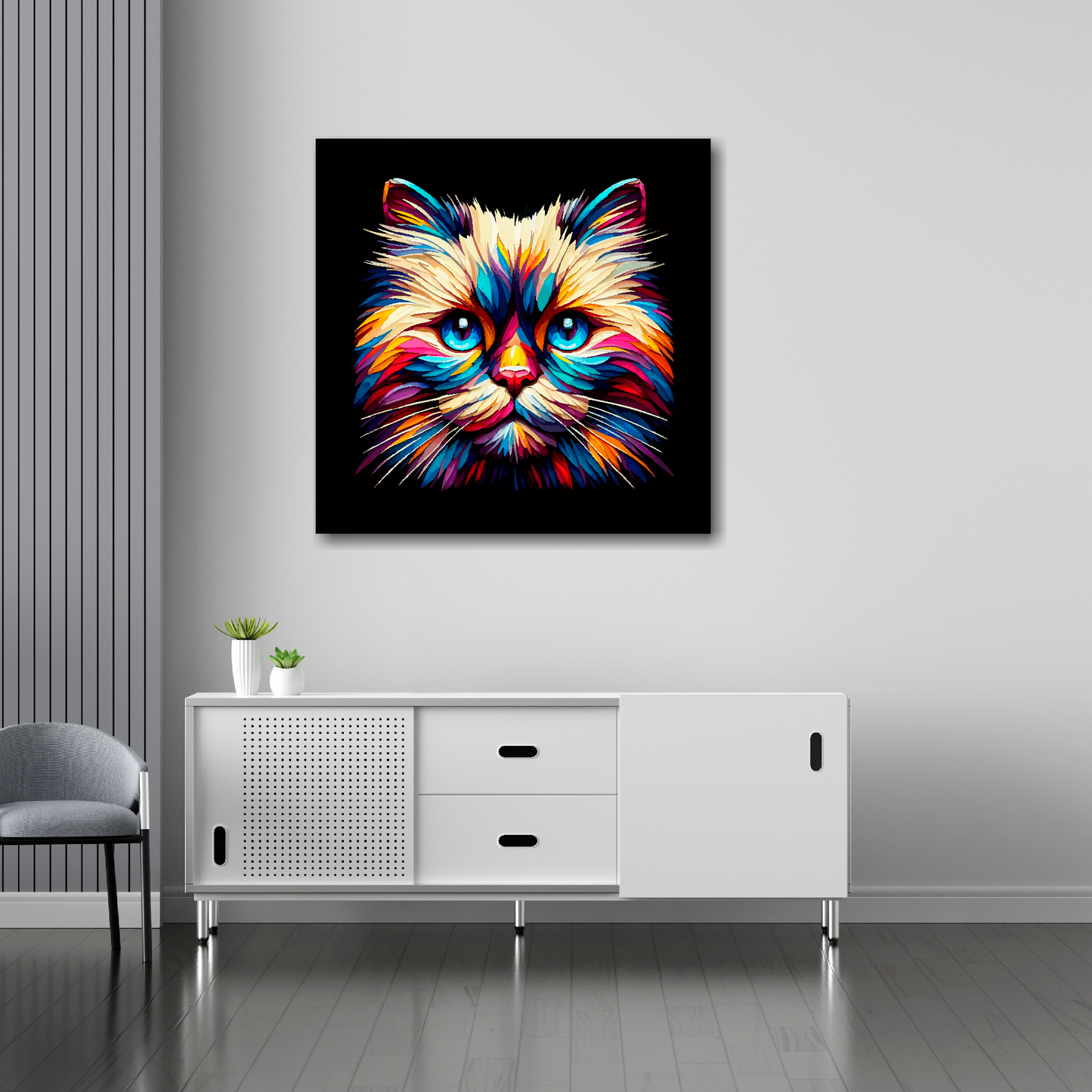 30 inch by 30 inch square canvas of a colourful Birman cat head portrait on a black background. Mounted on a white wall above a white sideboard.