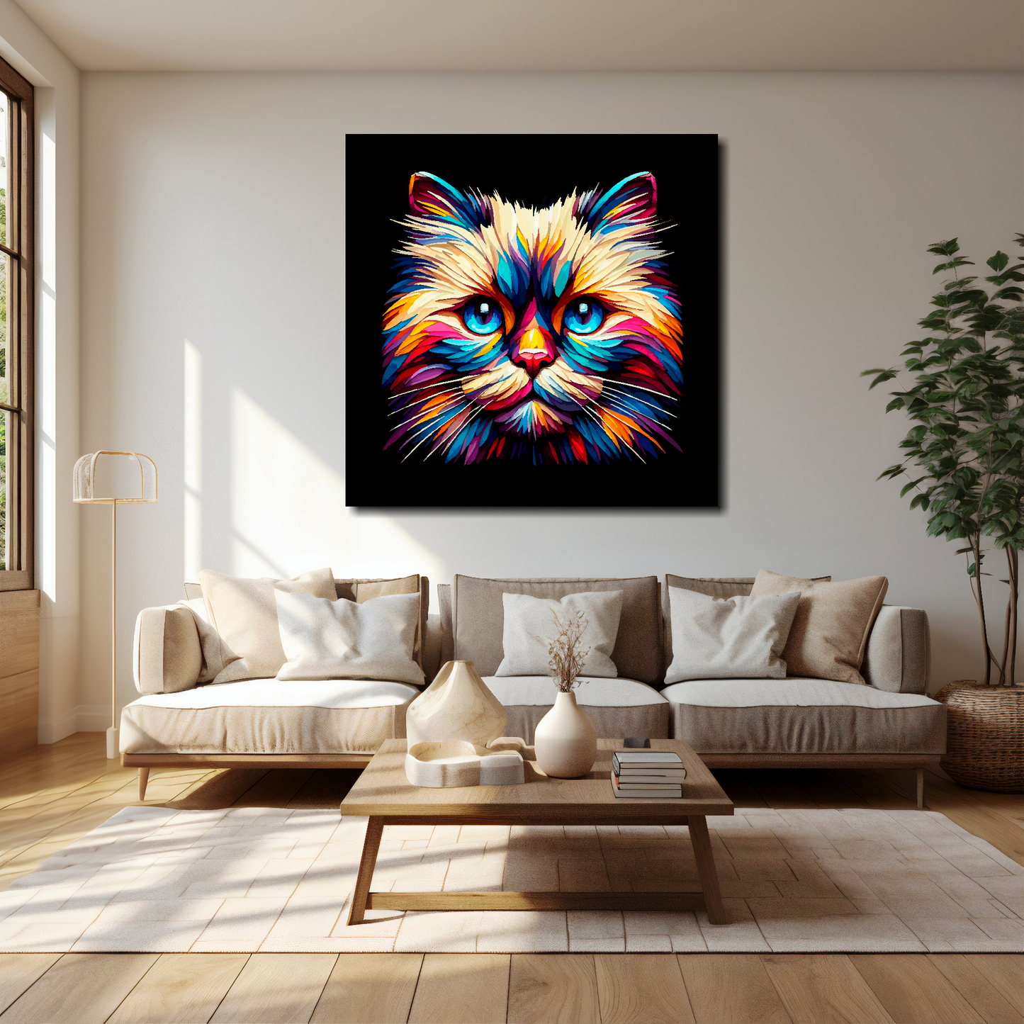 40 inch by 40 inch square canvas of a colourful Birman cat head portrait on a black background. Mounted on a white wall above a cream sofa with decorative pillows.