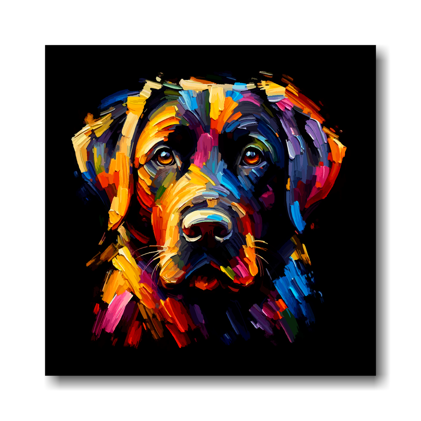 Colourful abstract painting of a Black Labrador dog's face on a black background.