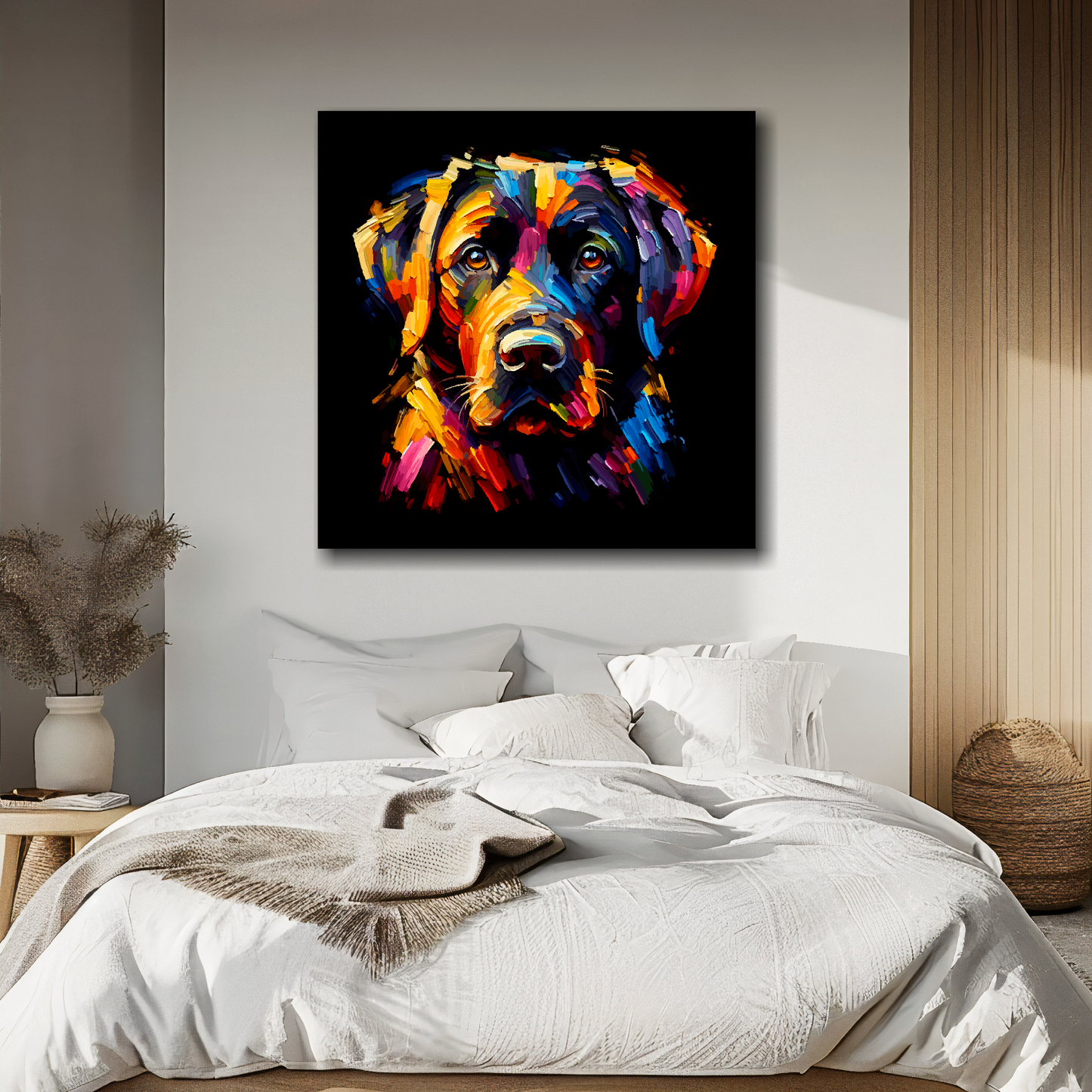 Large canvas featuring a multi-coloured Black Labrador dog portrait. Mounted on a white wall above a double bed.