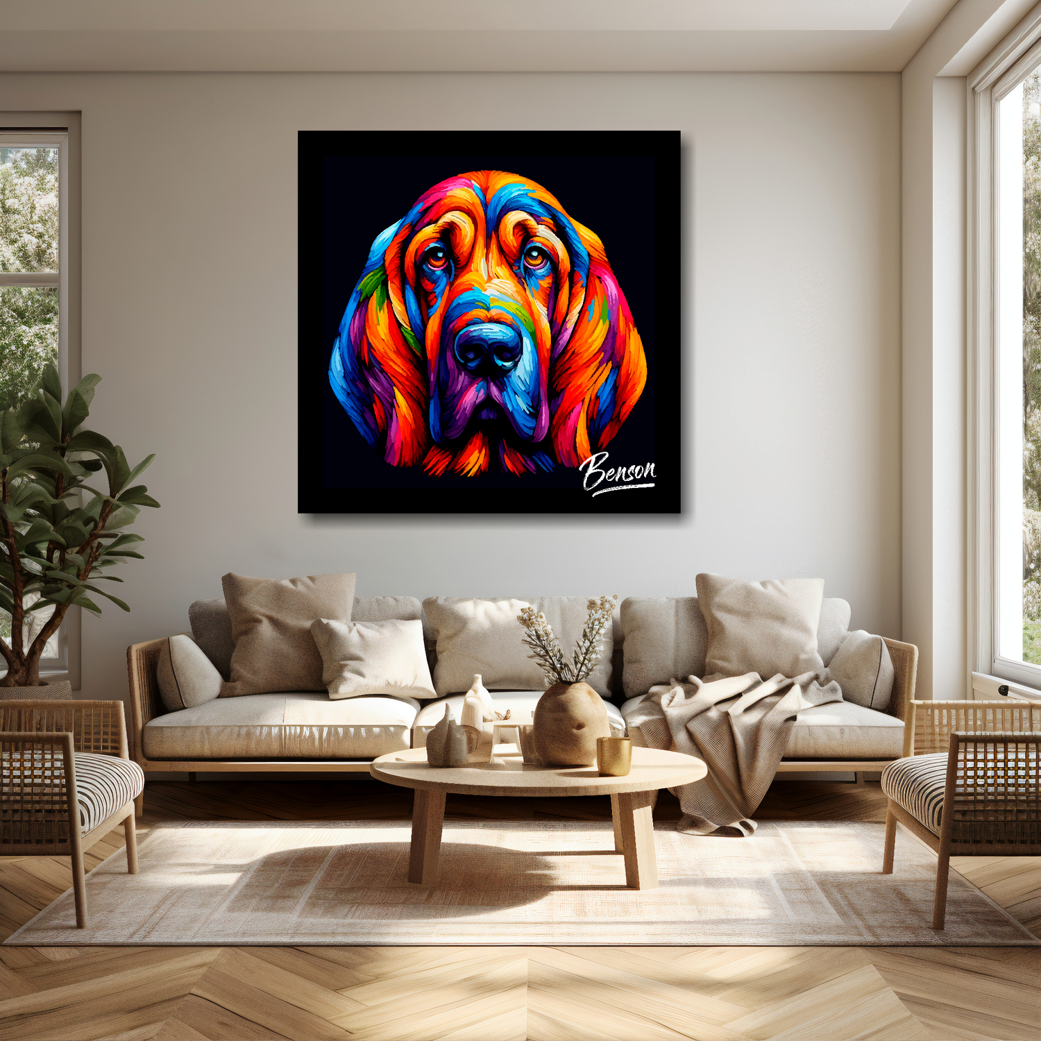 A personalised pet portrait of a colourful Bloodhound dog's head. Mounted on a cream living room wall above a sofa.
