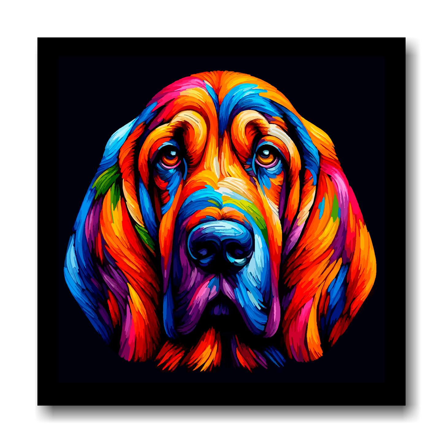 Large canvas wall art - A vibrant multi-coloured head portrait of a Bloodhound. Available in 3 large sizes.