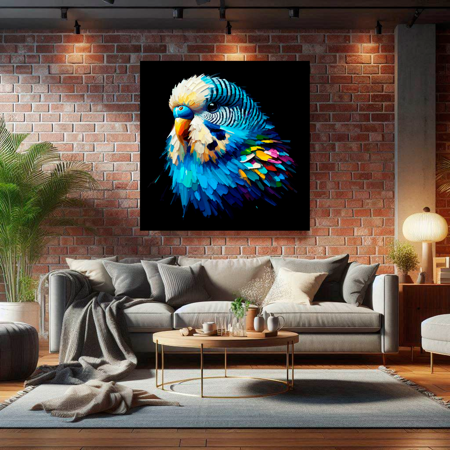 Large canvas wall art - A vibrant multi-coloured head portrait of a Blue Budgie. Available in 3 large sizes.