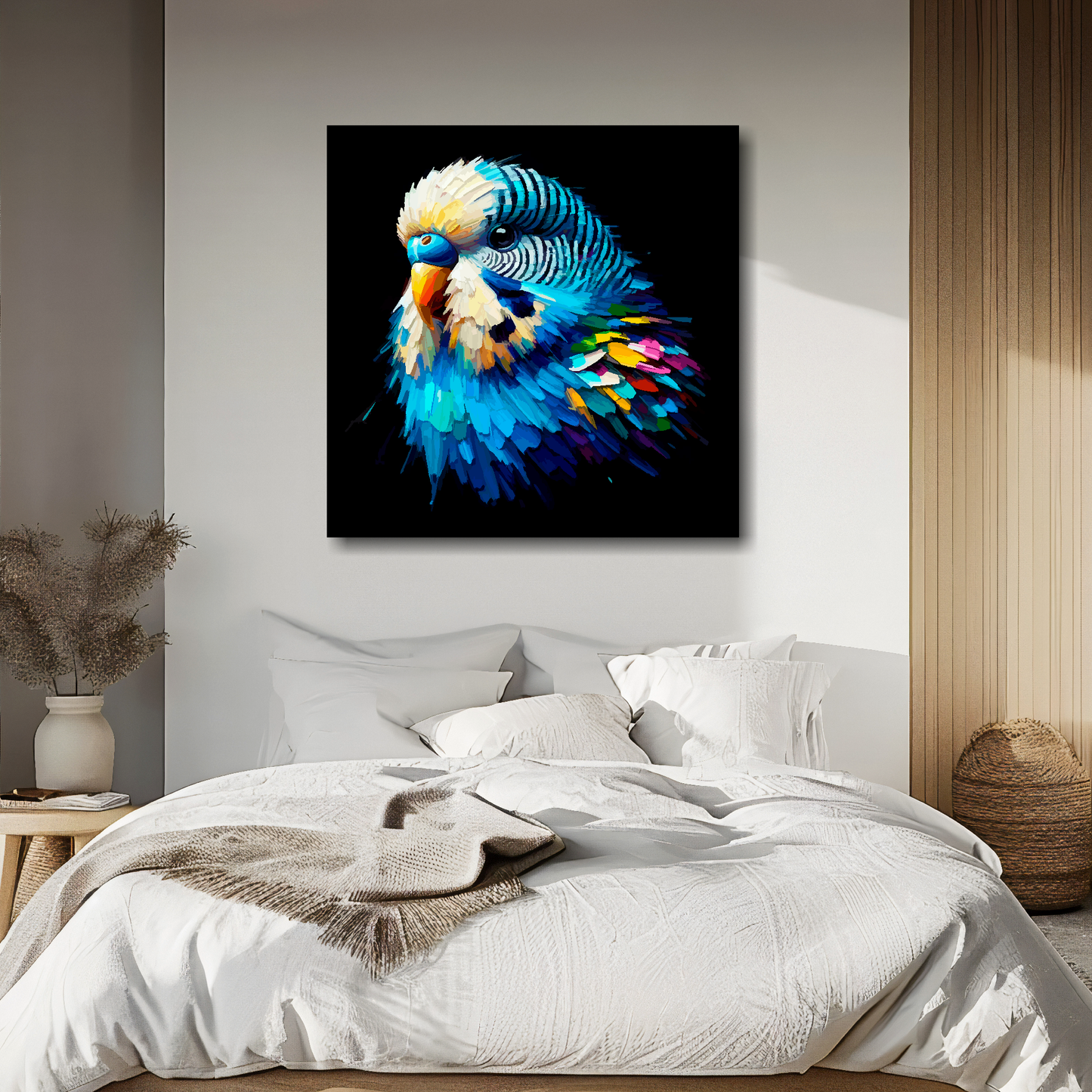 Large canvas wall art - A vibrant multi-coloured head portrait of a Blue Budgie. Available in 3 large sizes.