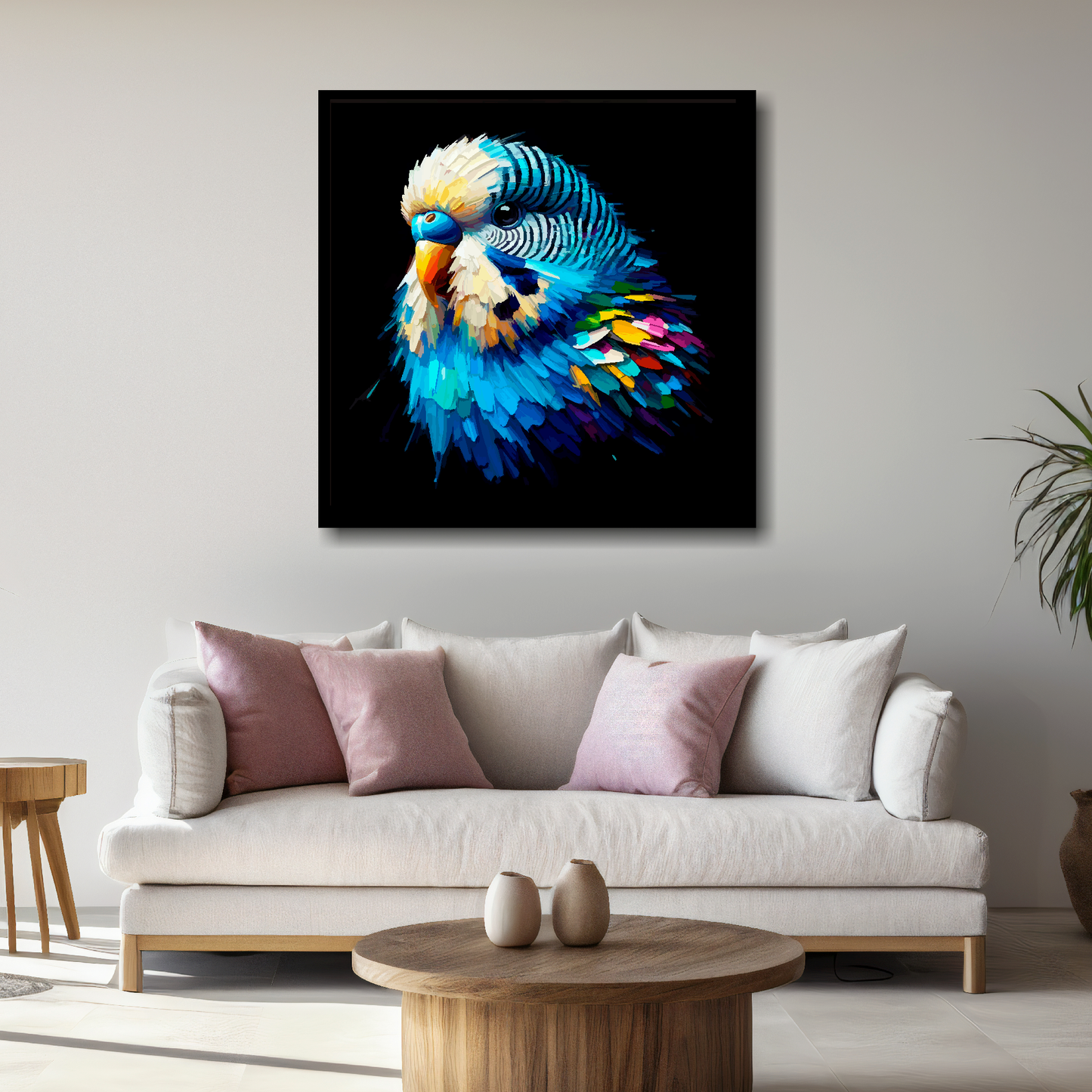 Large canvas wall art - A vibrant multi-coloured head portrait of a Blue Budgie. Available in 3 large sizes.