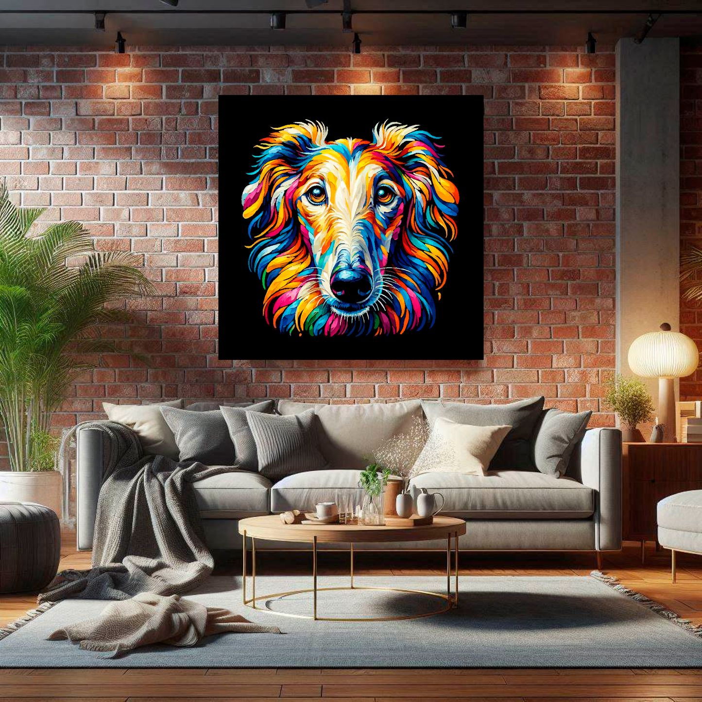 Large canvas wall art - A vibrant multi-coloured head portrait of a Borzoi. Available in 3 large sizes.