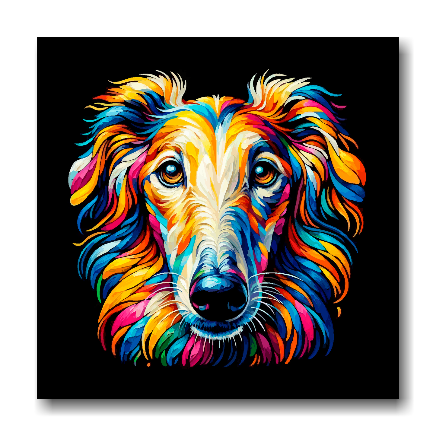 Large canvas wall art - A vibrant multi-coloured head portrait of a Borzoi. Available in 3 large sizes.