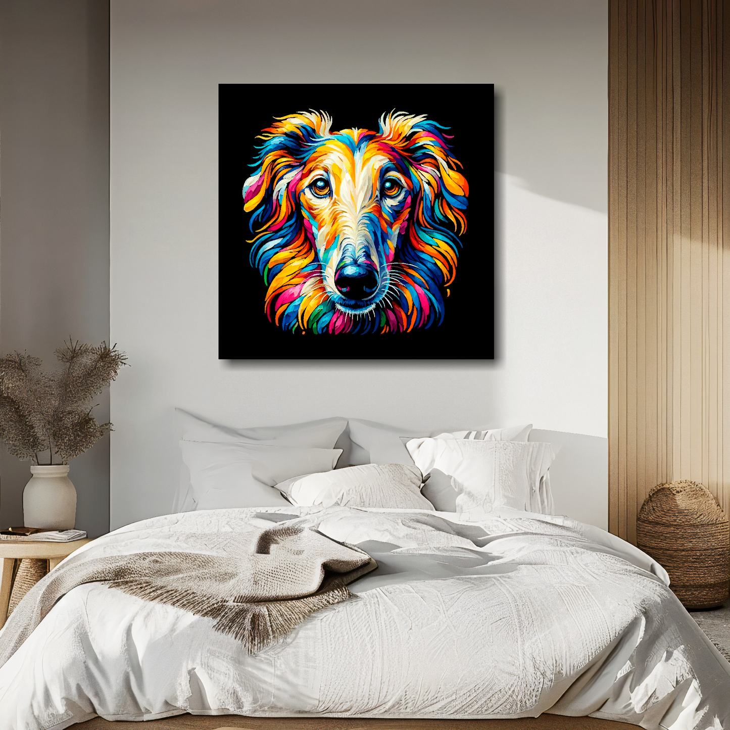 Large canvas wall art - A vibrant multi-coloured head portrait of a Borzoi. Available in 3 large sizes.