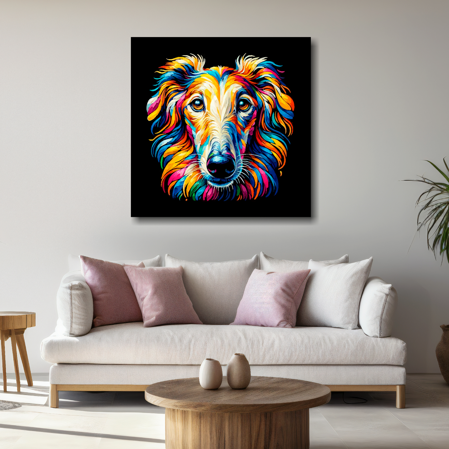 Large canvas wall art - A vibrant multi-coloured head portrait of a Borzoi. Available in 3 large sizes.