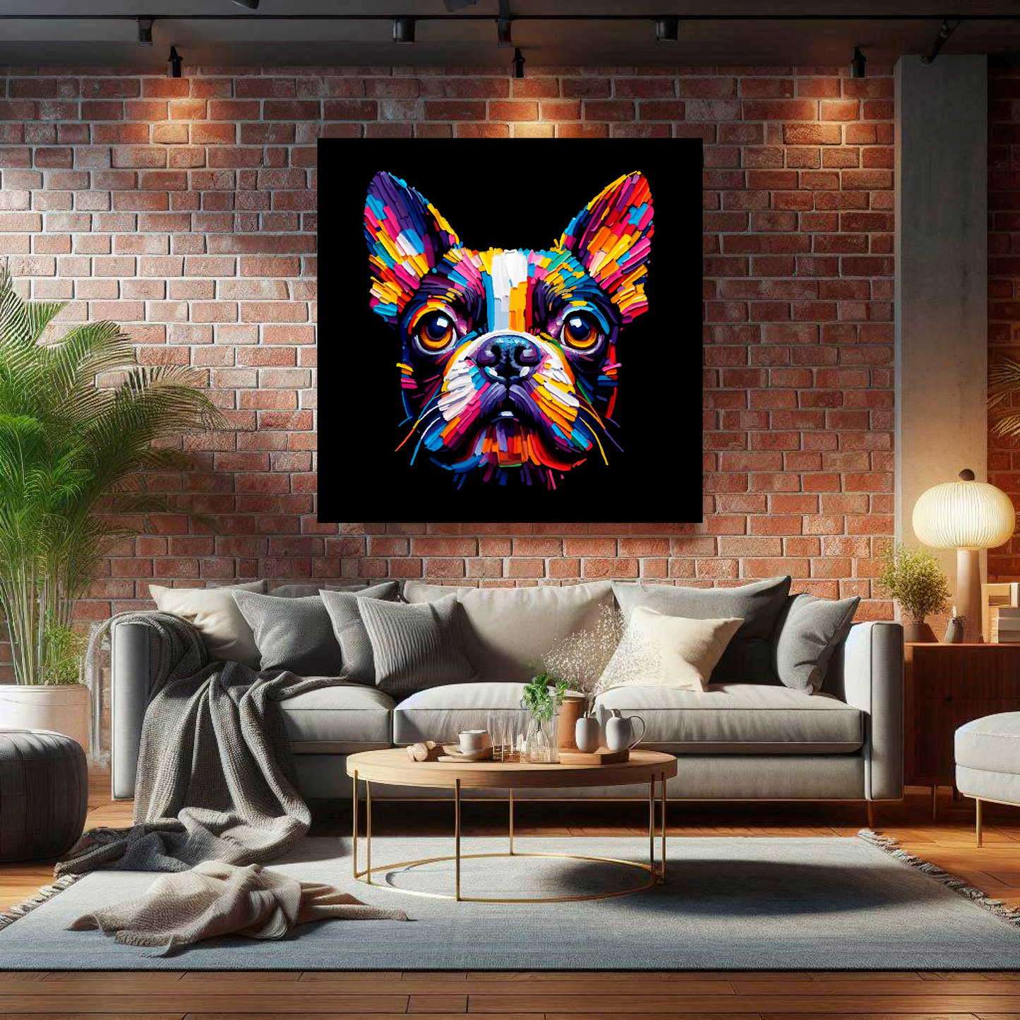 Large canvas wall art - A vibrant multi-coloured head portrait of a Boston Terrier. Available in 3 large sizes.
