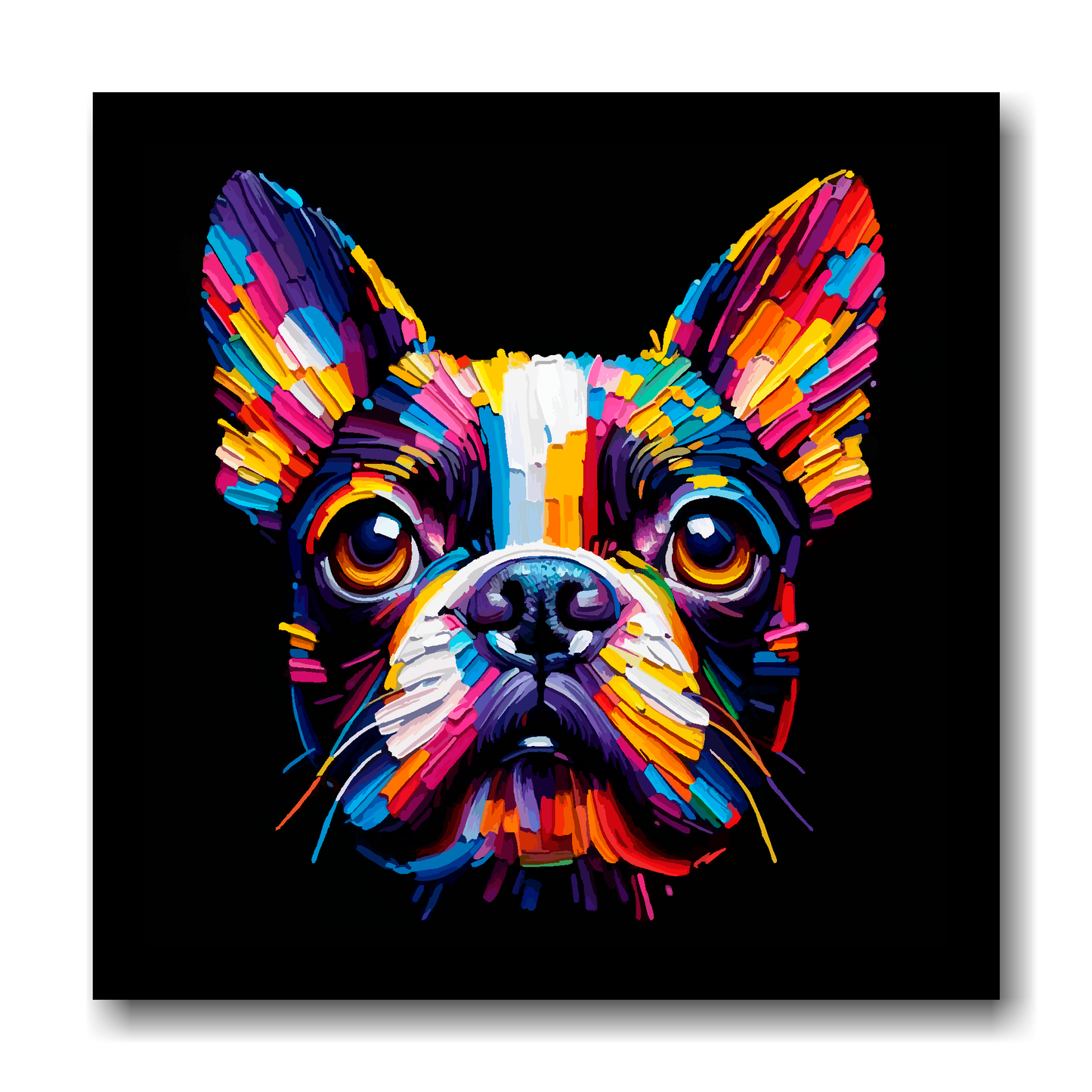 Large canvas wall art - A vibrant multi-coloured head portrait of a Boston Terrier. Available in 3 large sizes.