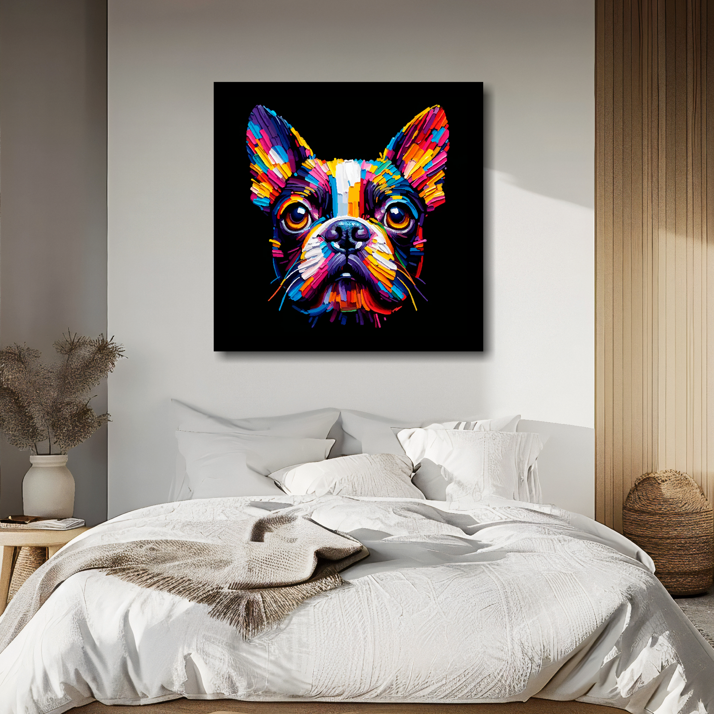 Large canvas wall art - A vibrant multi-coloured head portrait of a Boston Terrier. Available in 3 large sizes.