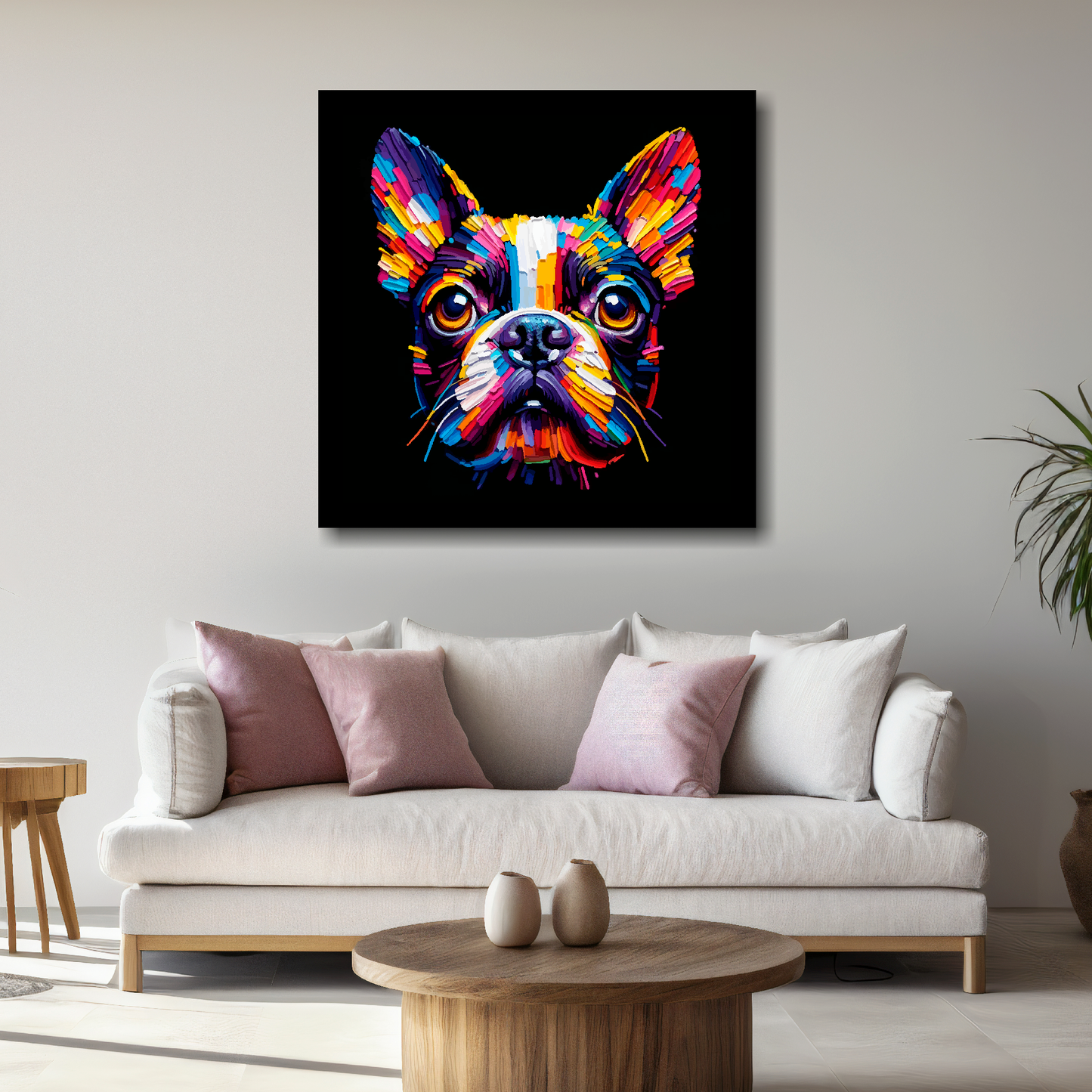 Large canvas wall art - A vibrant multi-coloured head portrait of a Boston Terrier. Available in 3 large sizes.