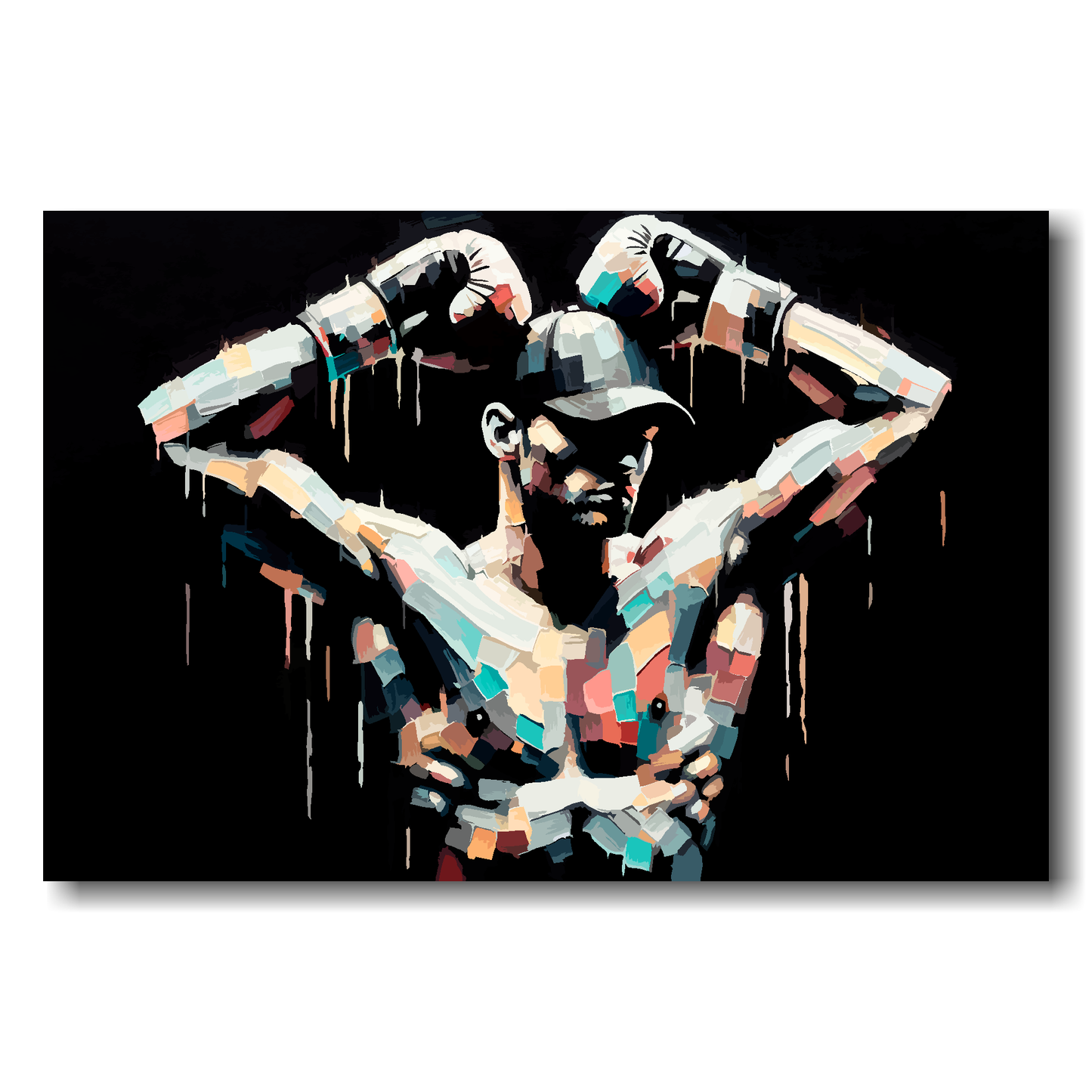 Canvas print - colourful abstract of a boxer, arms raised on a black background.
