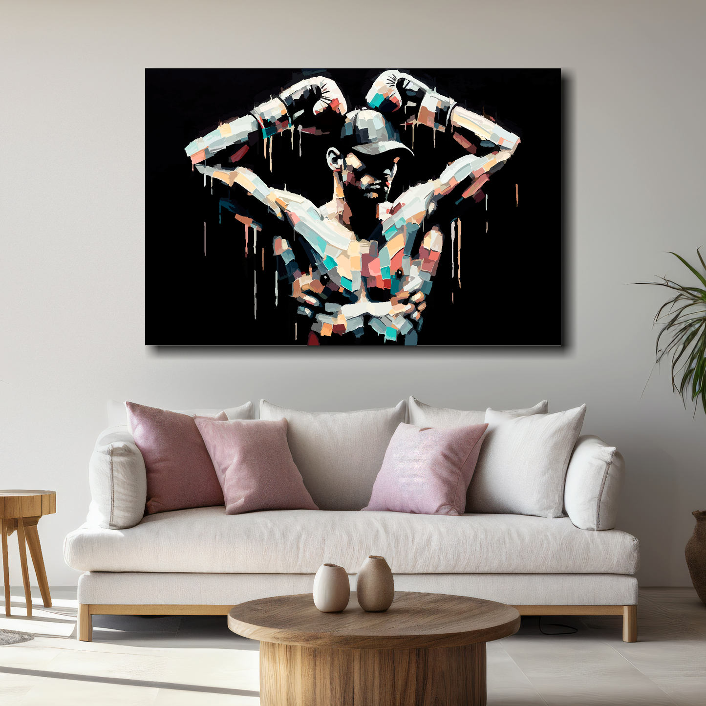 Large abstract canvas print of a colourful boxer. Mounted on a white wall above a white sofa with decorative pillows.