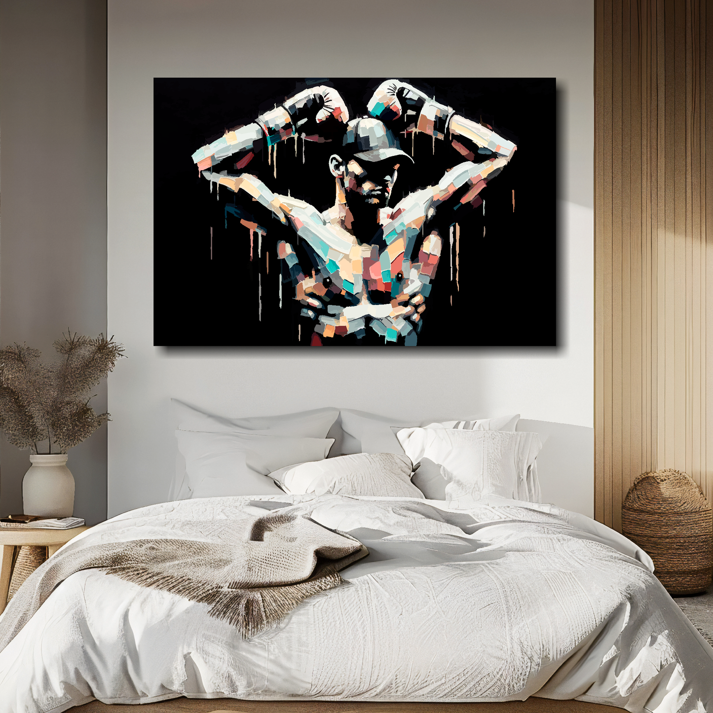 Abstract canvas print of a colourful boxer. Mounted on a white wall above a double bed.