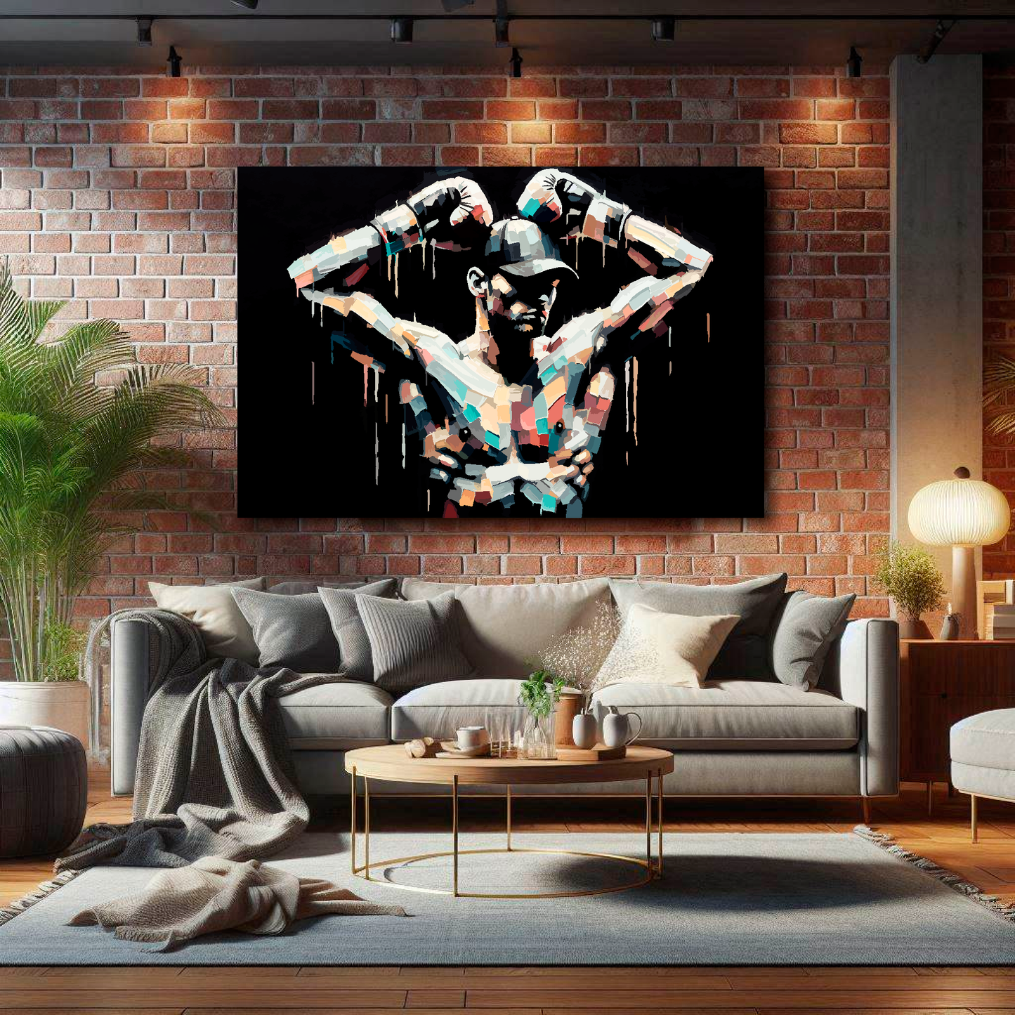 Huge abstract canvas print of a colourful boxer. Mounted on a brick wall above a grey sofa with decorative pillows.