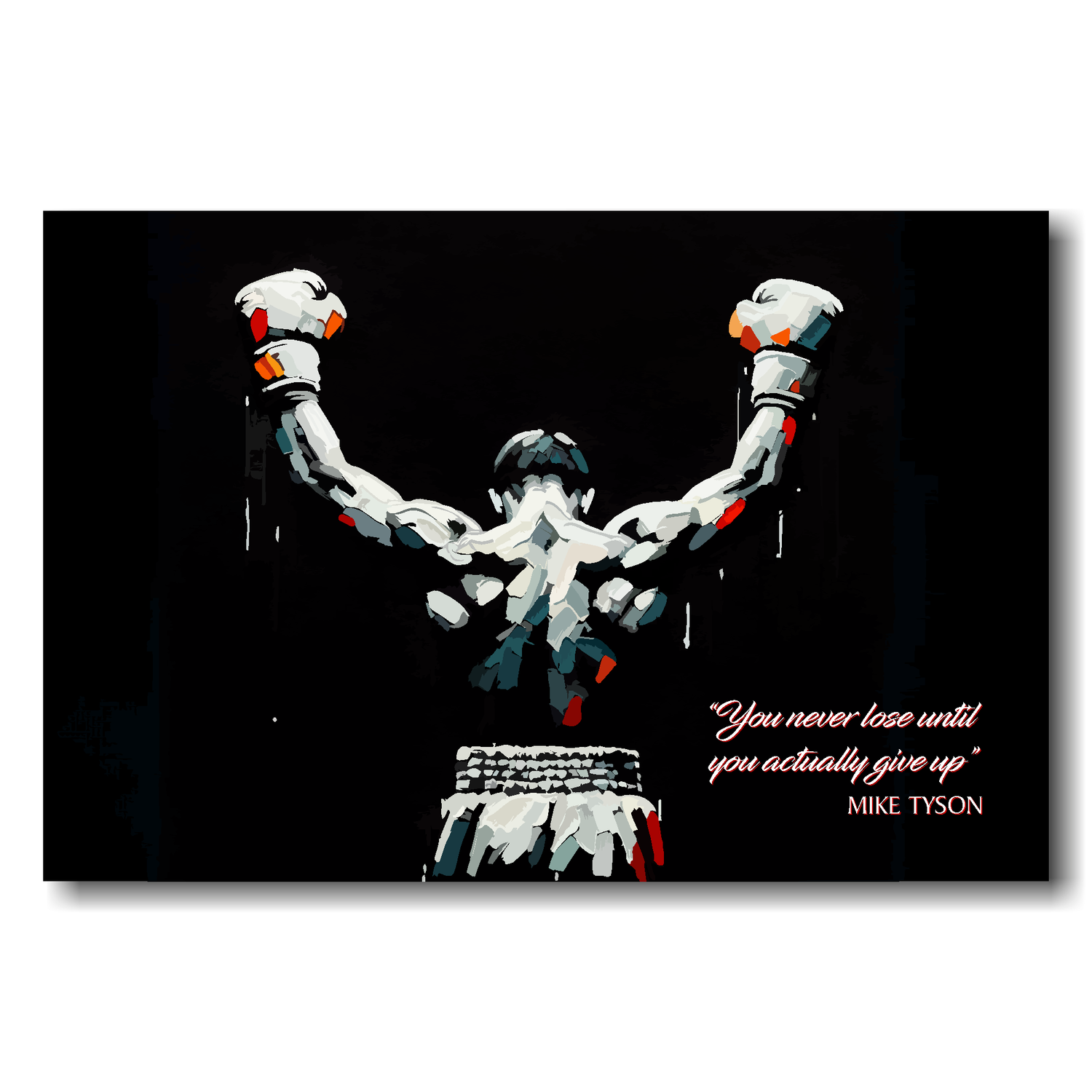Artistic depiction of a boxer with raised fists against a black background, featuring a famous quote.