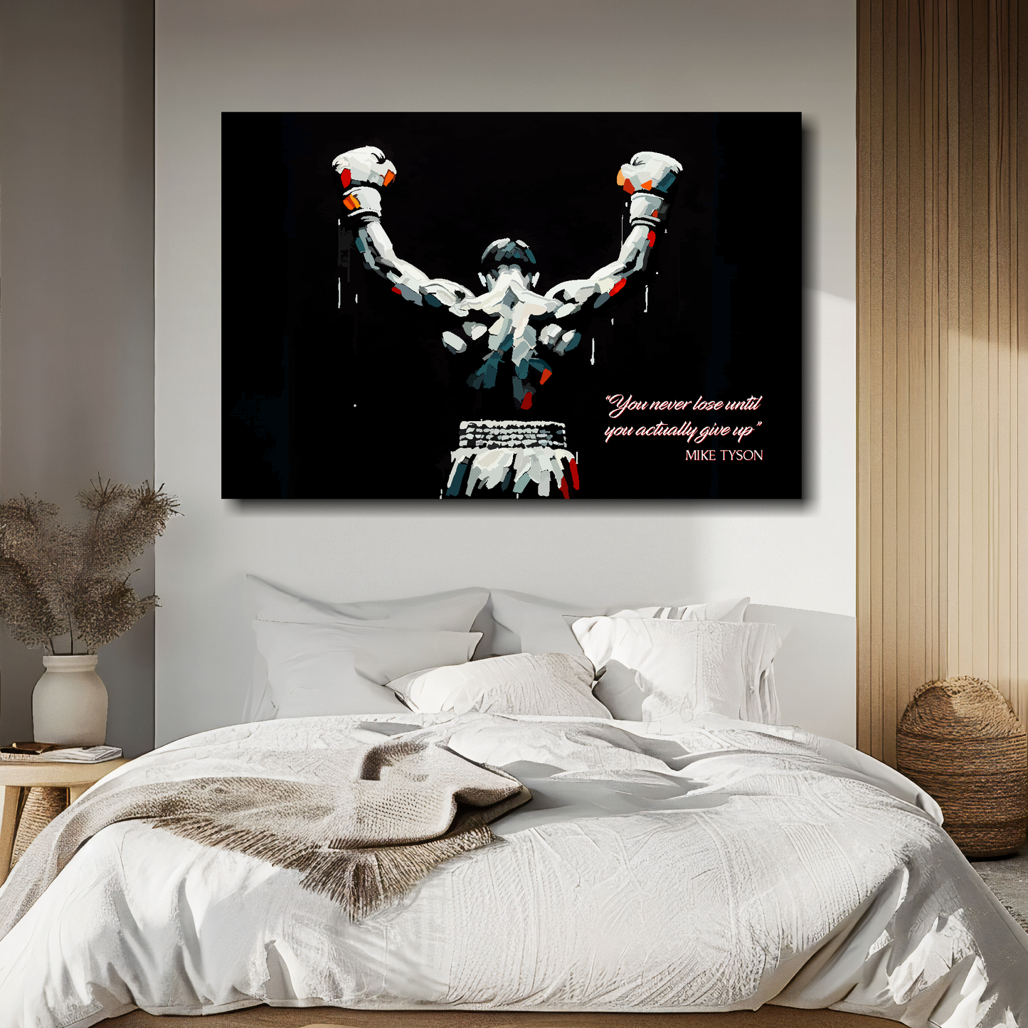 Bedroom with a boxing-themed wall art print above the bed