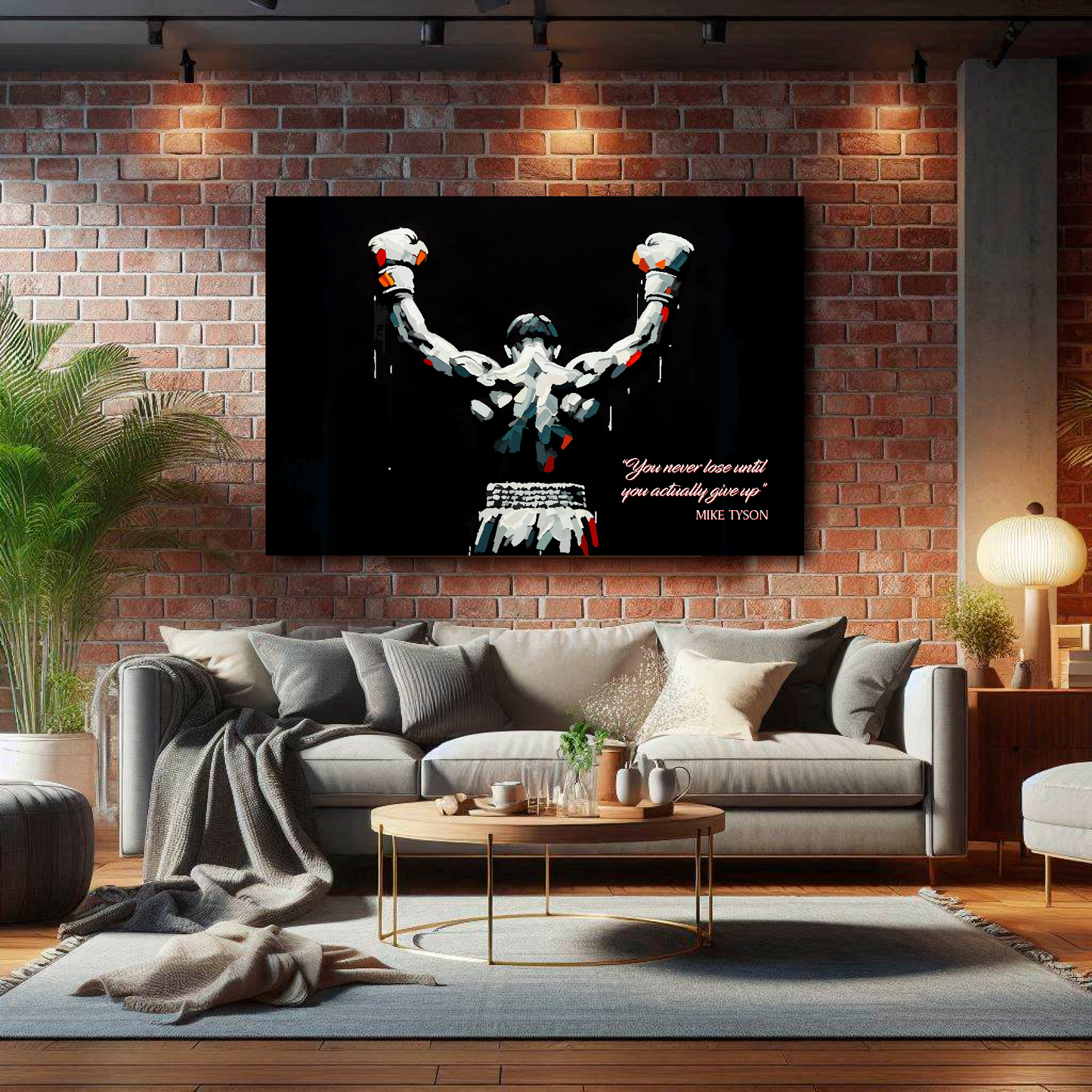 Living room with a large framed artwork on a brick wall above a sofa.