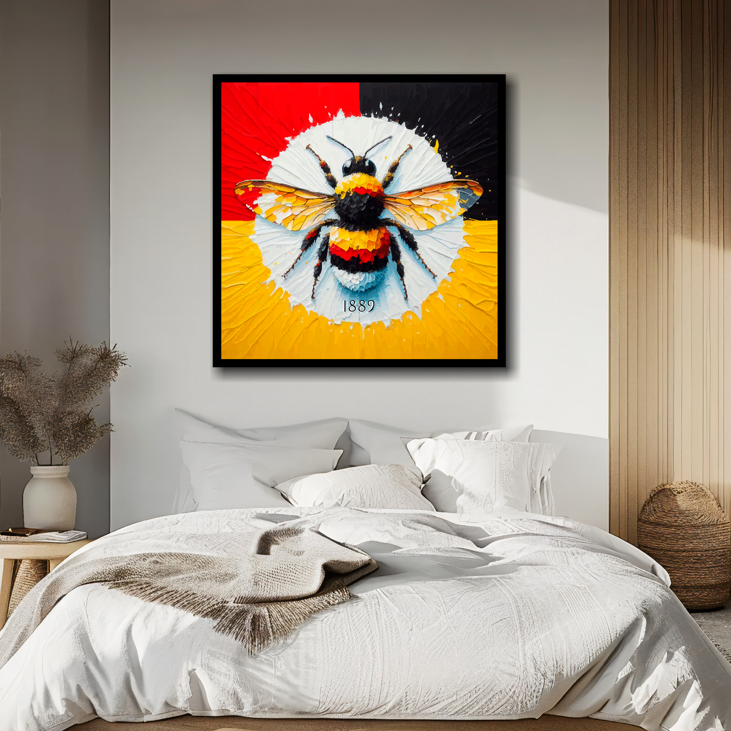 Brentford FC inspired canvas featuring a large bee on a red, black and yellow background. Mounted on a white wall above a double bed.