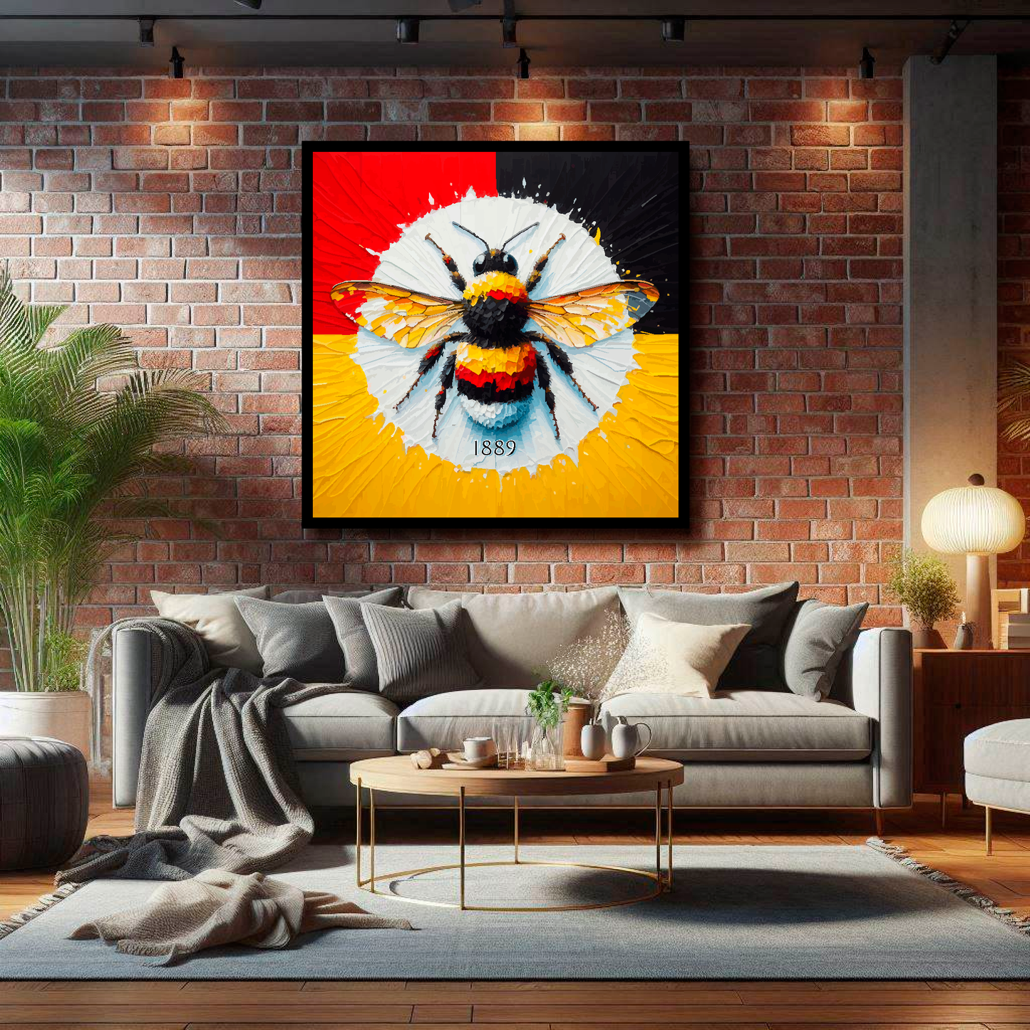 Brentford FC inspired canvas featuring a large bee on a red, black and yellow background. Mounted on a brick wall above a grey sofa.