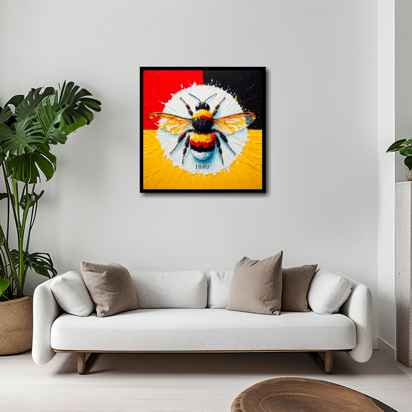 20 inch by 20 inch Brentford FC inspired canvas, featuring a large bee on a red, black and yellow background. Mounted on a white wall above a white sofa with decorative cushions.