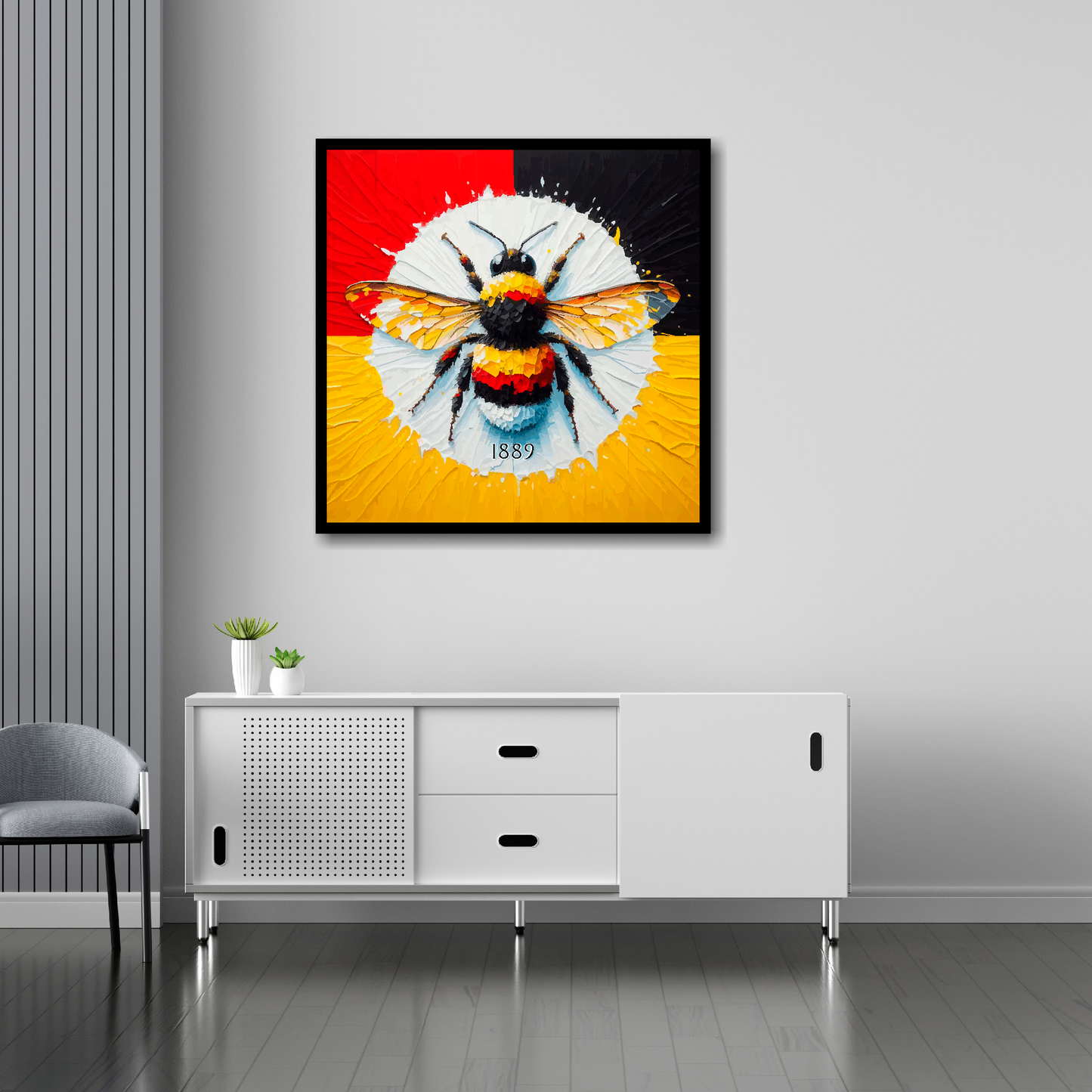 30 inch by 30 inch Brentford FC inspired canvas, featuring a large bee on a red, black and yellow background. Mounted on a white wall above a white sideboard.