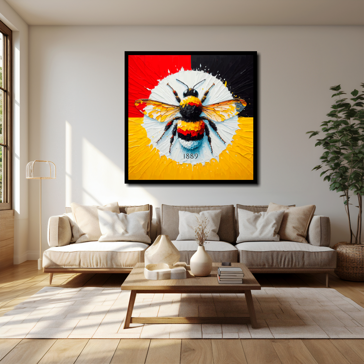 20 inch by 20 inch Brentford FC inspired canvas, featuring a large bee on a red, black and yellow background. Mounted on a white wall above a cream sofa with decorative cushions.