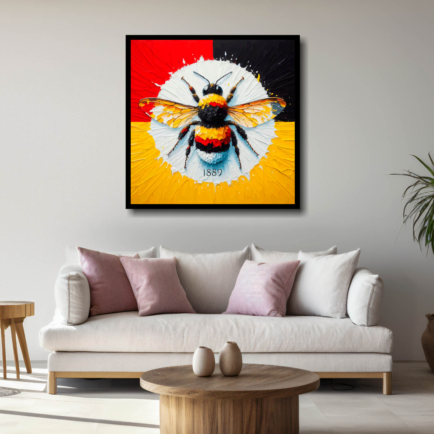 Brentford FC inspired canvas featuring a large bee on a red, black and yellow background. Mounted on a white wall above a white sofa.