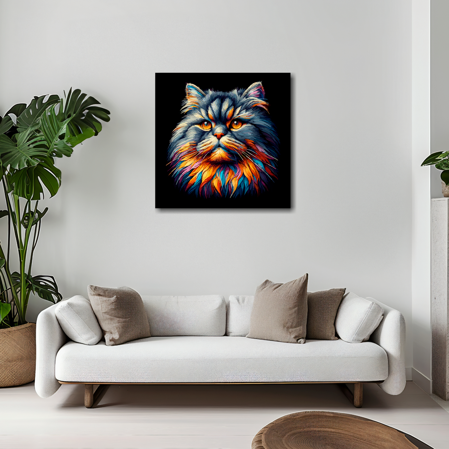 20 inch by 20 inch square canvas of a colourful British Longhair cat head portrait on a black background. Mounted on a white wall above a white sofa with decorative pillows.